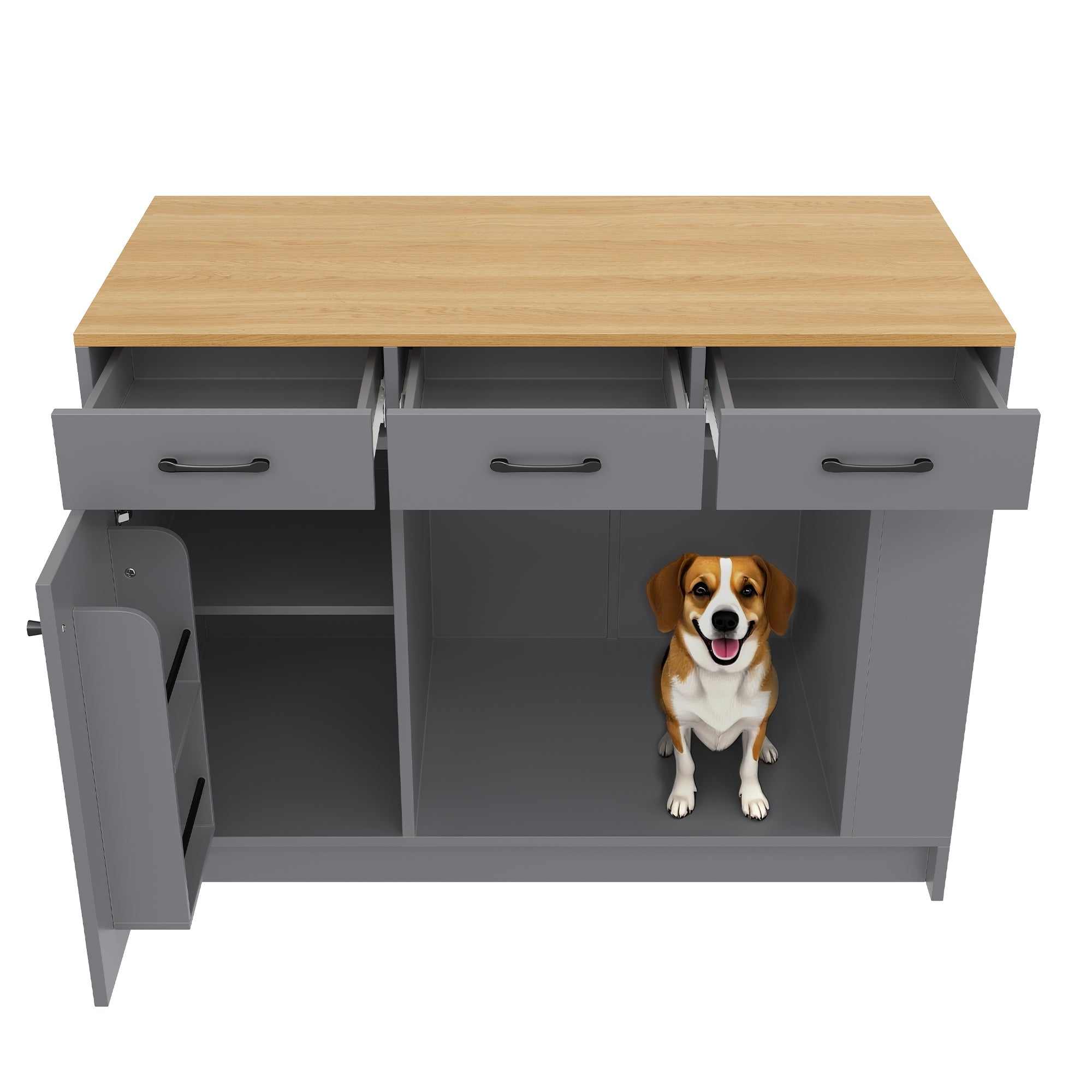 Kitchen Island with 3 Drawers, Spice Rack and Pet Storage Area, Grey