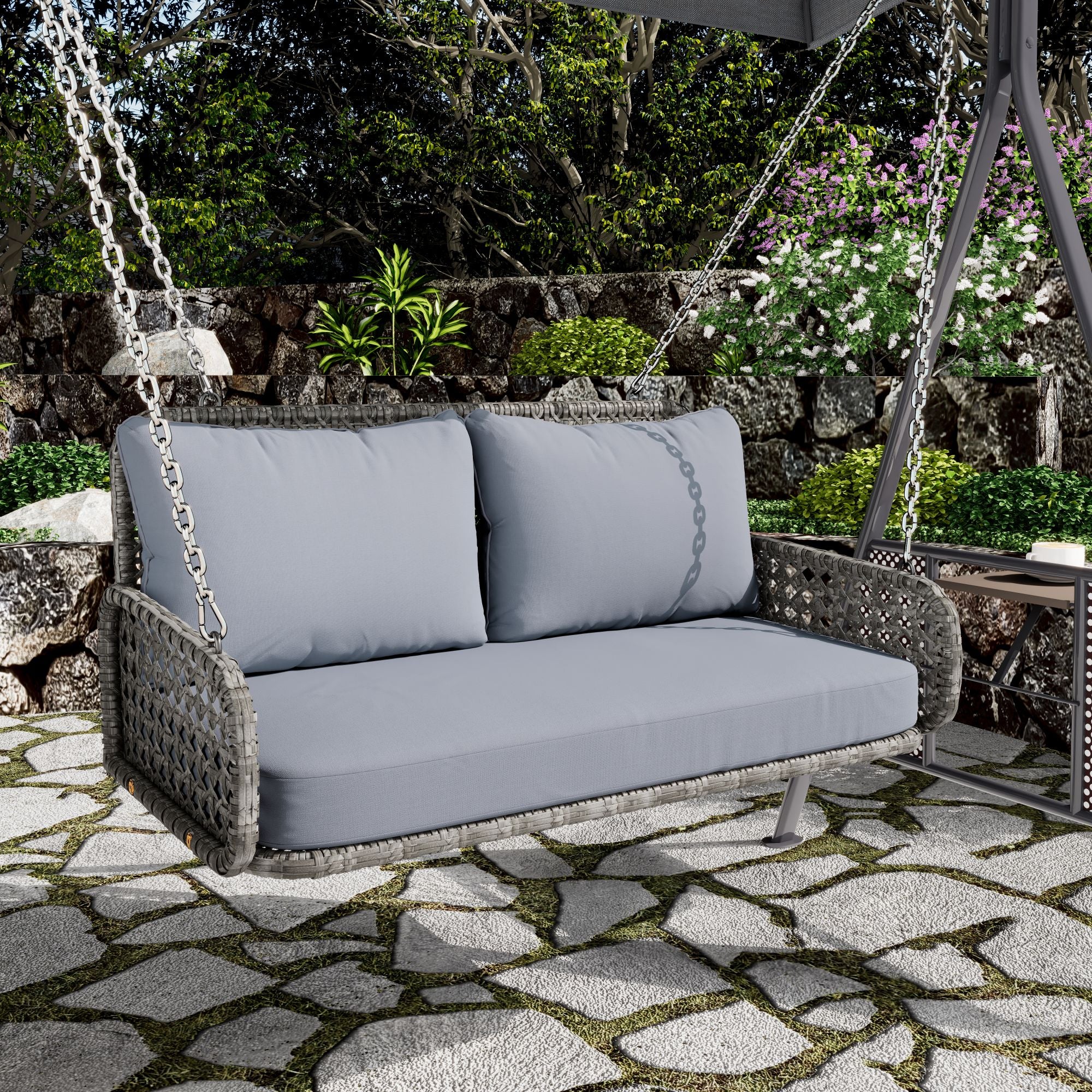 PE Rattan Double Swing Seat with Cushions and Chains, Grey
