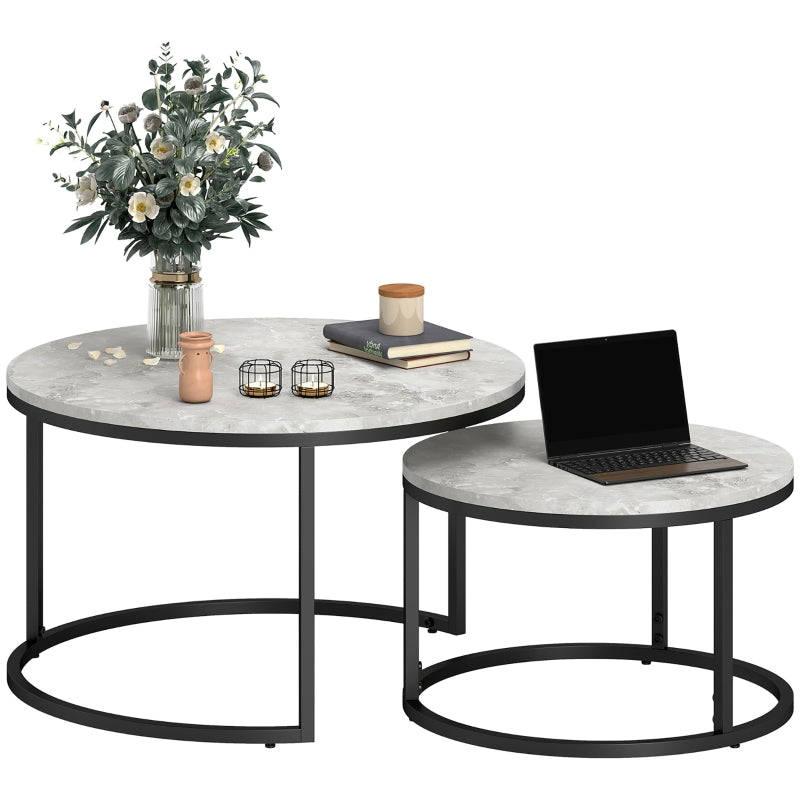 Coffee Table Set - 2 Round Nesting Tables Industrial Metal Frame - Concrete Look/Black
