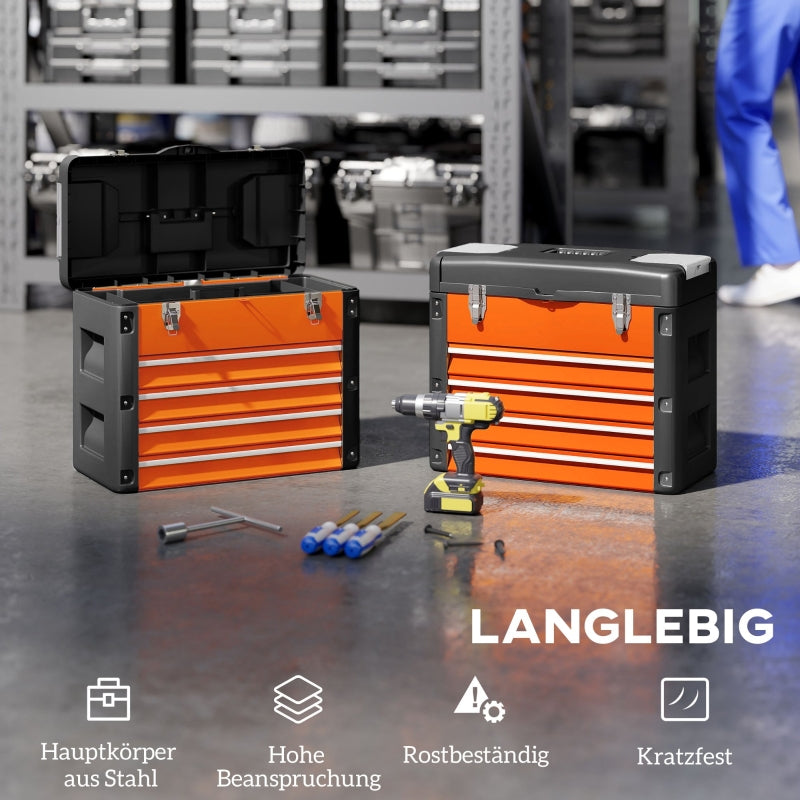 Tool box, 49.7 x 25.3 x 40.7 cm, 4 drawers, steel, orange