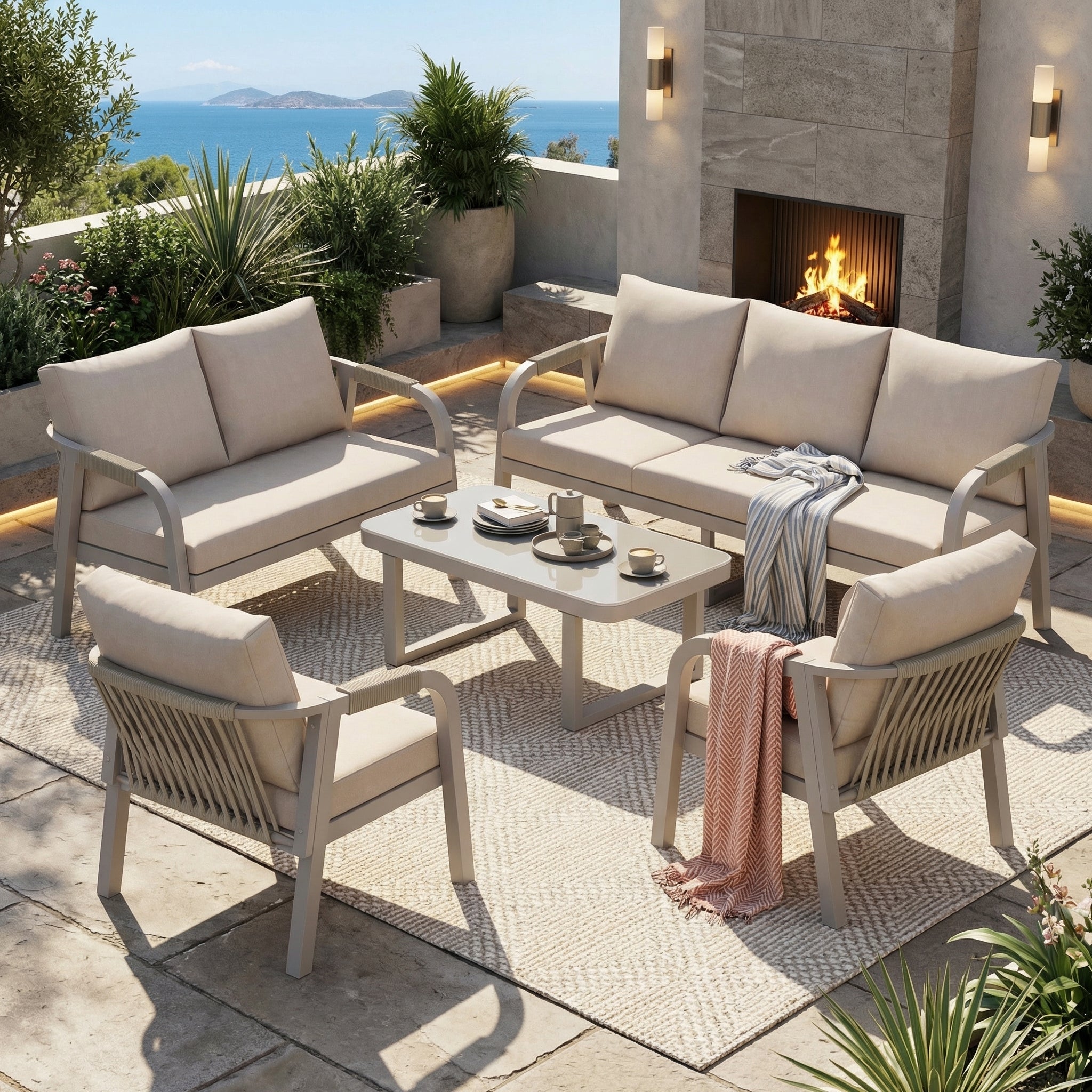 Garden Lounge Set, 7-Seater with Sofa, Armchairs and Coffee Table, Beige Woven Rope