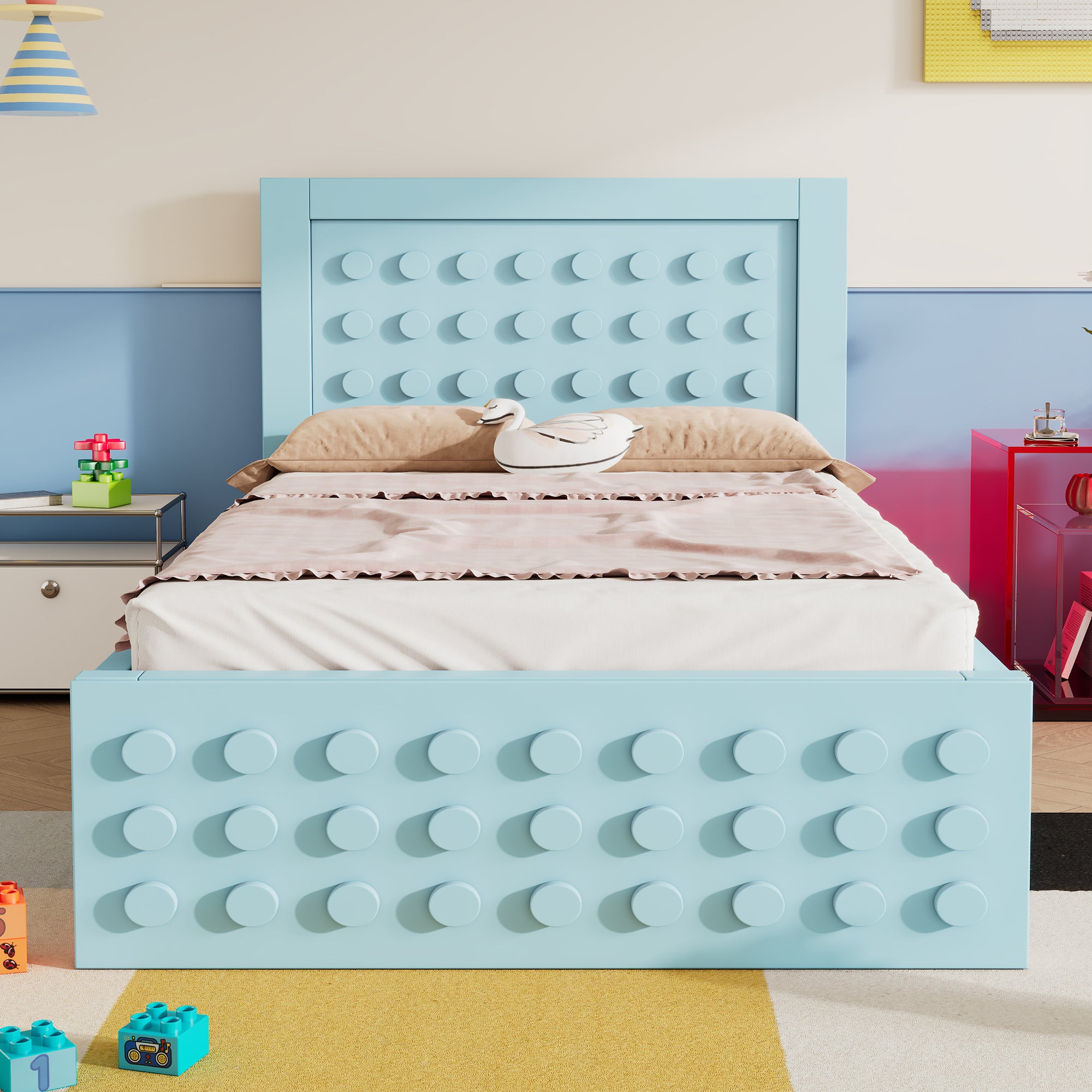 Single Bed, 90x200cm Creative Block Design, Solid Wood
