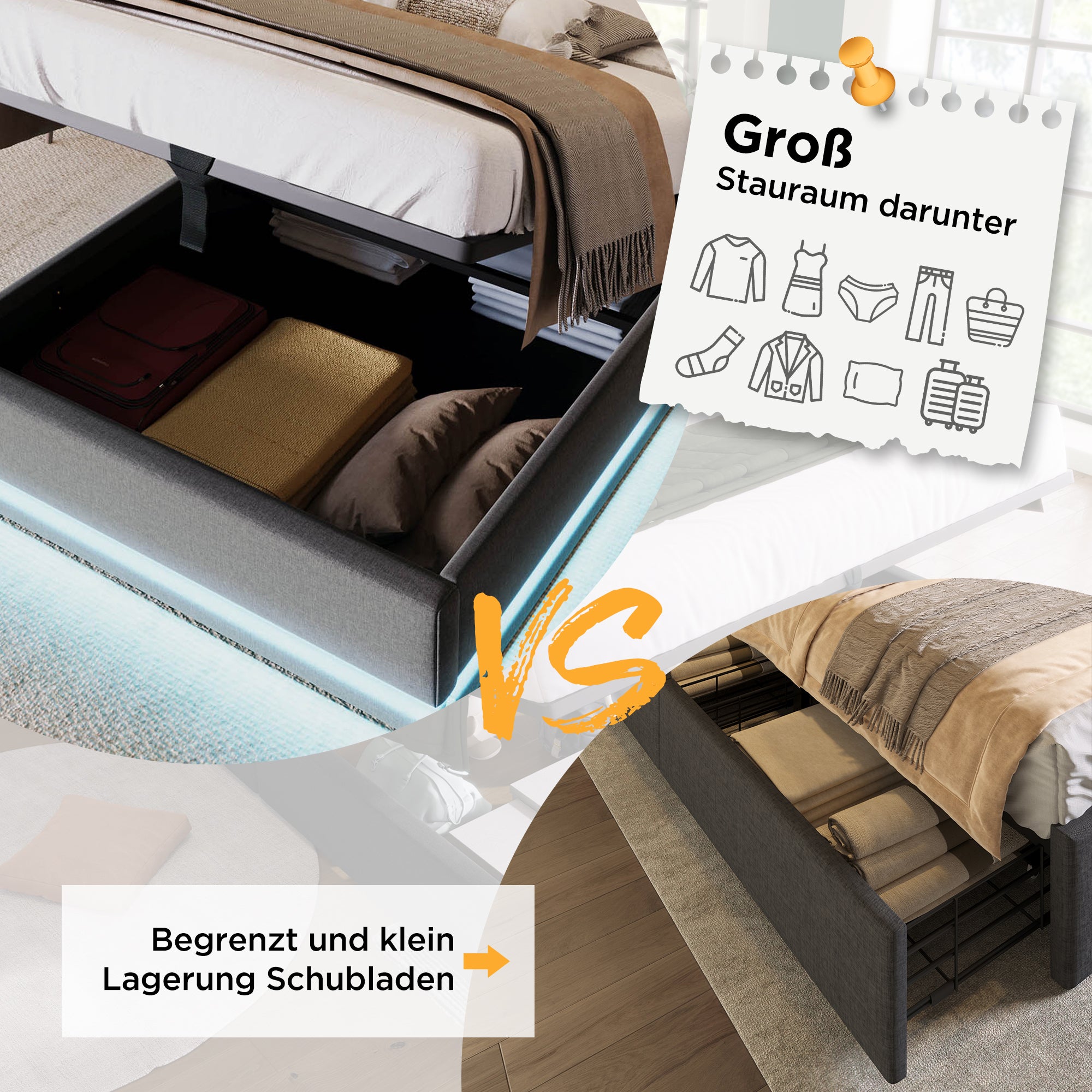 Upholstered Single Bed, Hydraulic Storage with USB & LED, Gray Cotton
