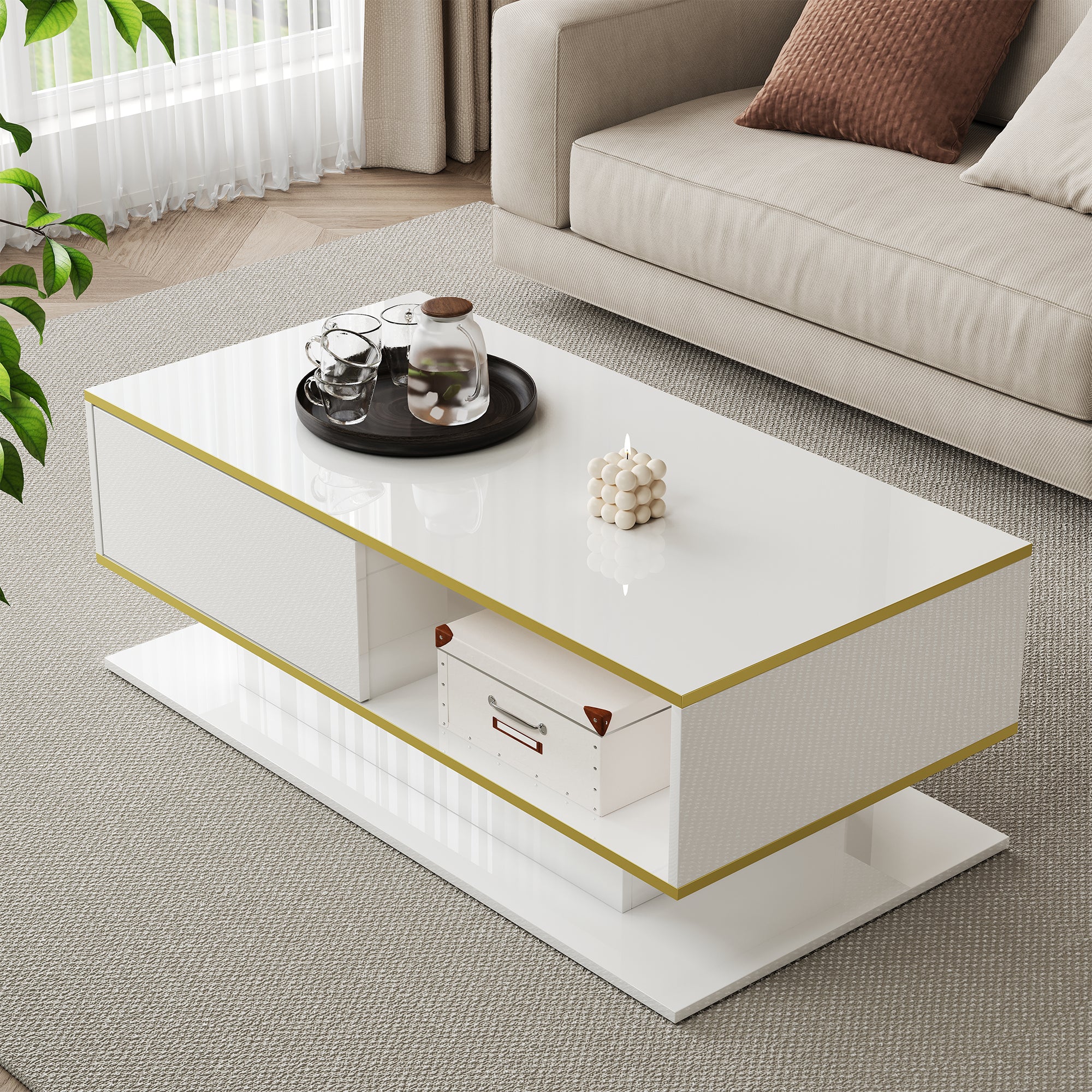 Modern LED Coffee Table 100cm High-Gloss 3 Drawers USB Gold Trim