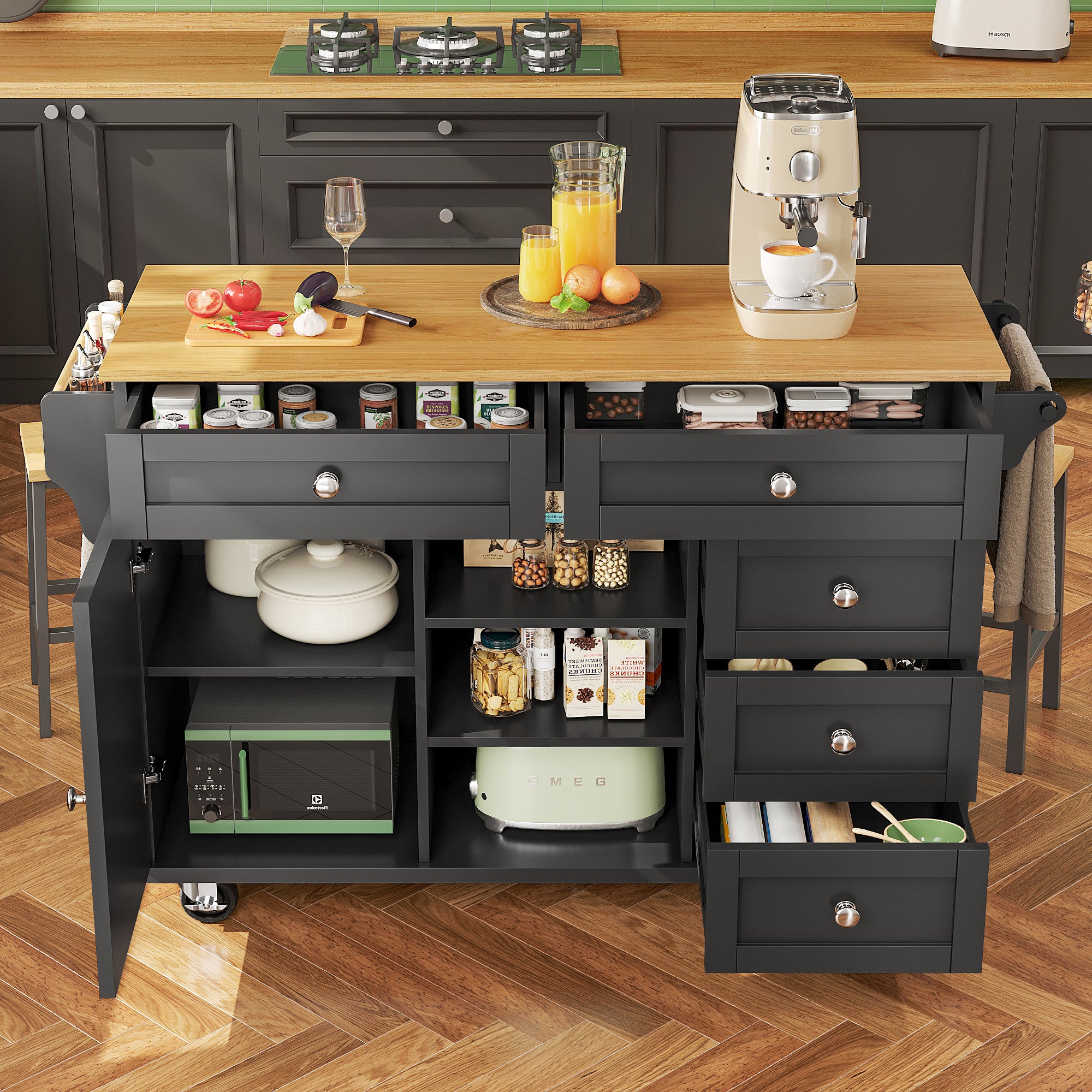 Dining Trolley 134x46x92cm Mobile & Stationary Storage Cabinet Black