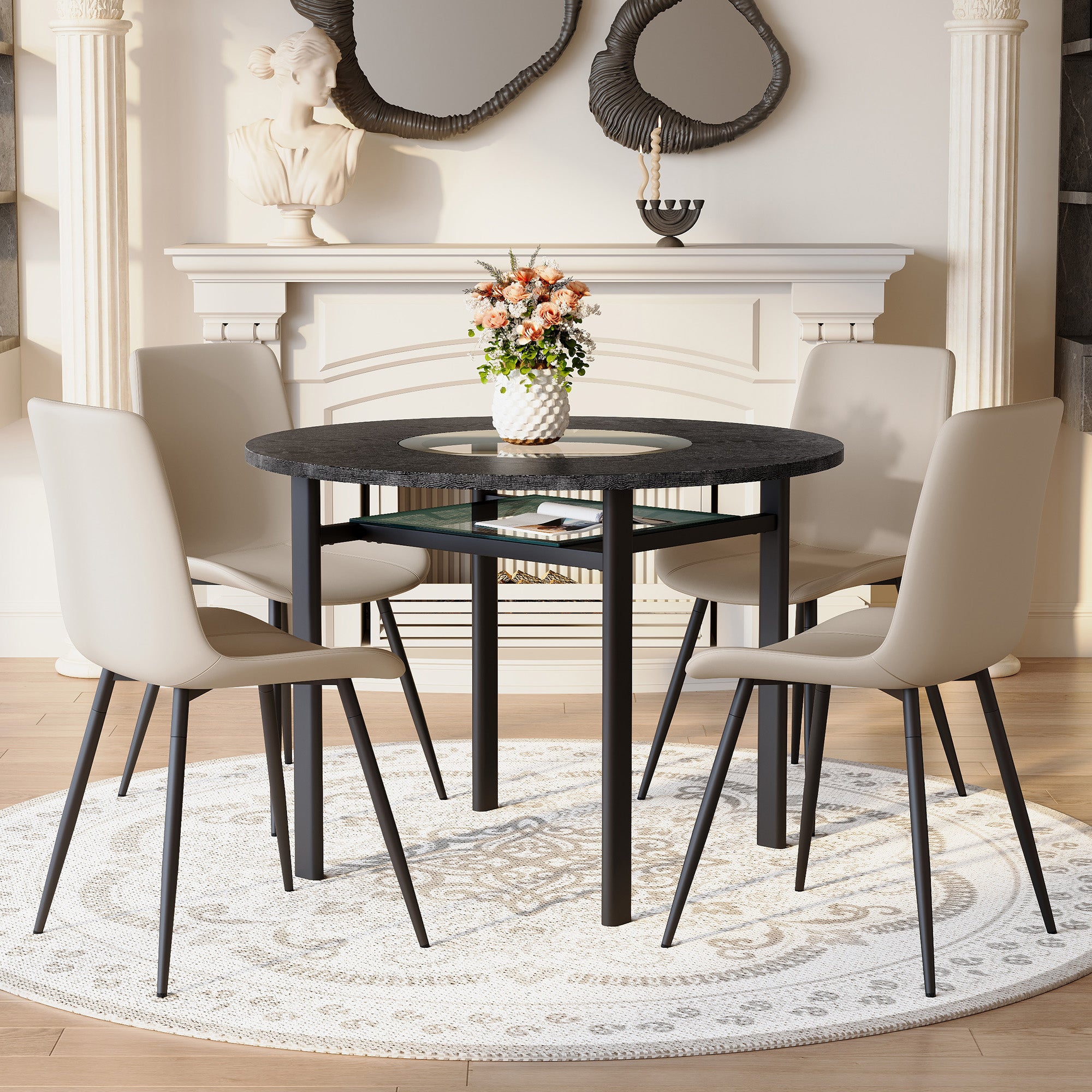 Minimalist Round Table Set, 4 Armchairs 100cm Diameter, Warm Grey PU/Black Wood Look