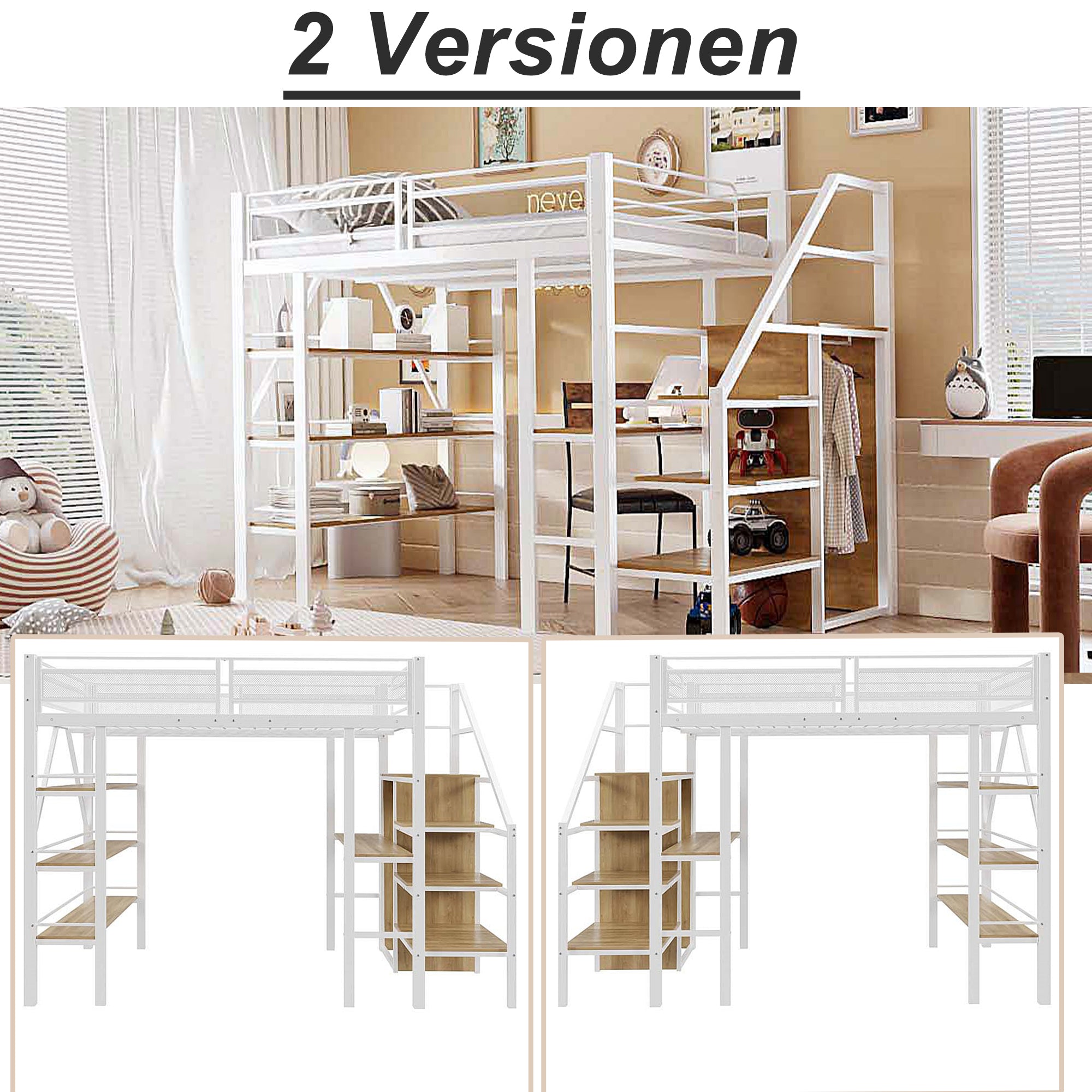 Loft Bed, 140x200cm with Storage Shelf, Desk, Wardrobe, Safety Steps, Iron, White