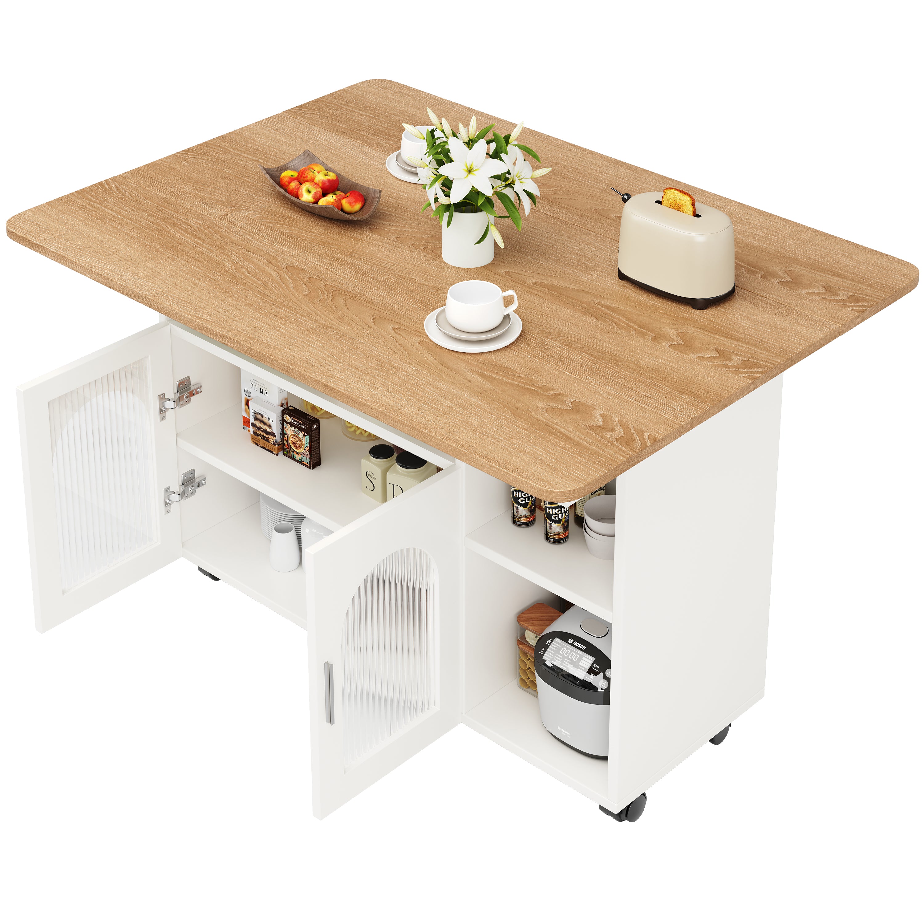 Kitchen Island Dining Cart - Multifunctional Storage, Removable - White Wood Grain