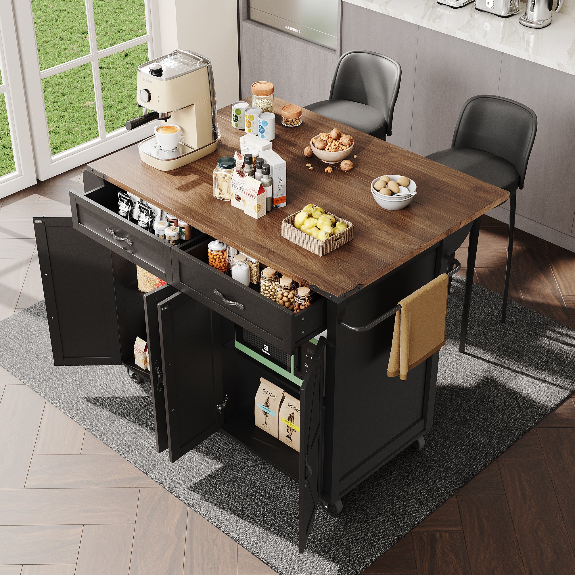 Kitchen Island Serving Trolley with Pull-out Worktop 4 Doors 2 Drawers Wood Grain Finish Black