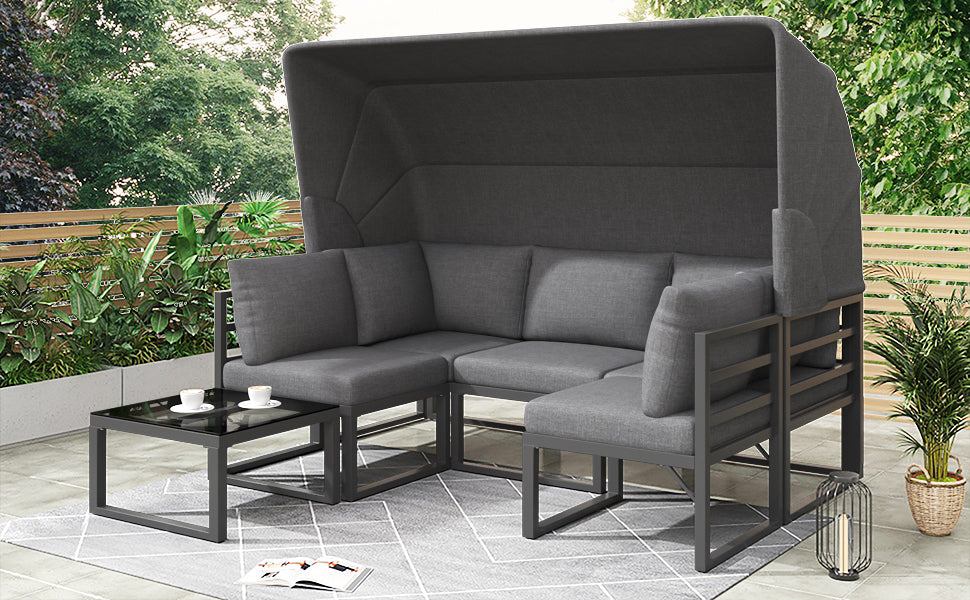 Garden lounge chair set iron, 4-piece seating group with stool table and awning, weatherproof gray
