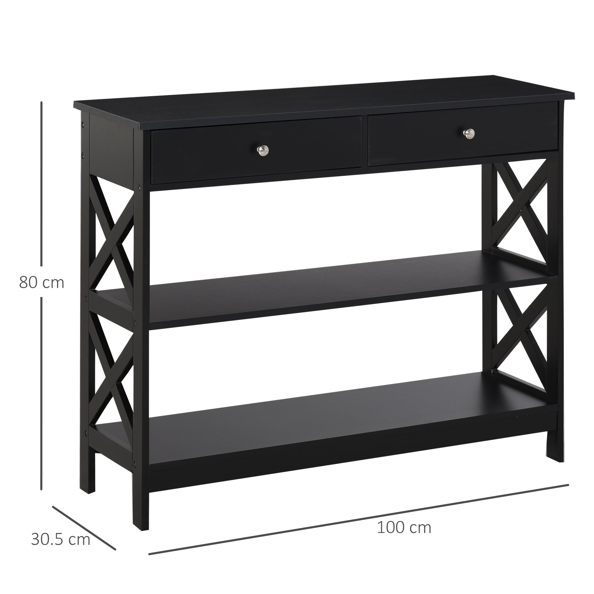 Console Table with Shelves, Drawers, and X Support Frame, Black