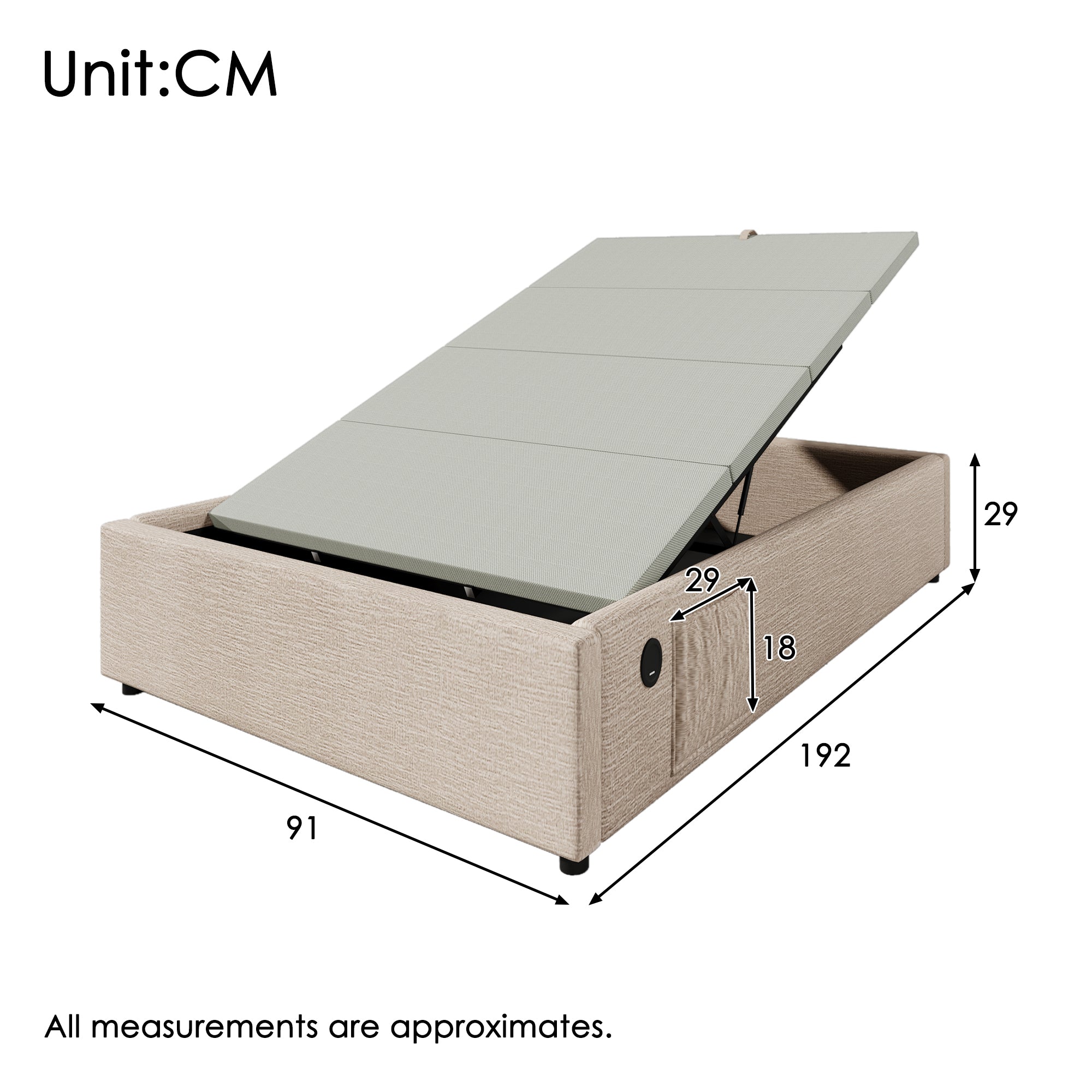 Upholstered Single Bed, 90x190 cm with USB-C and Slatted Frame, Natural Linen
