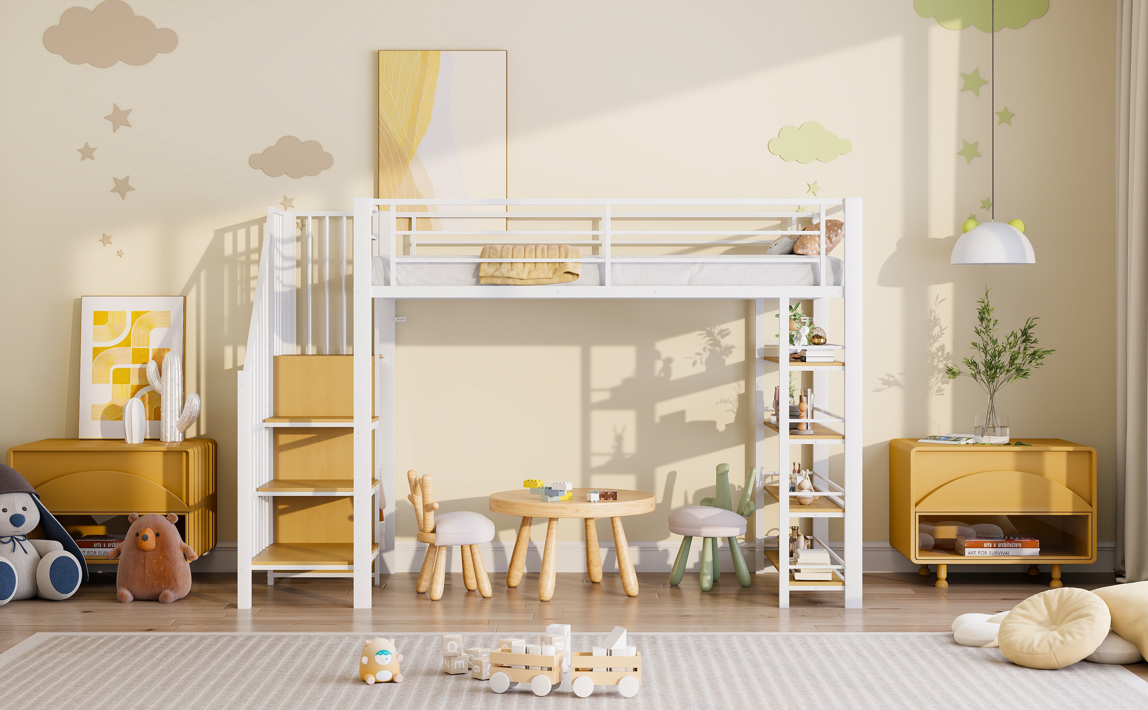 Loft Bed 90*200, Safety Stairs, Storage & Wardrobe, White