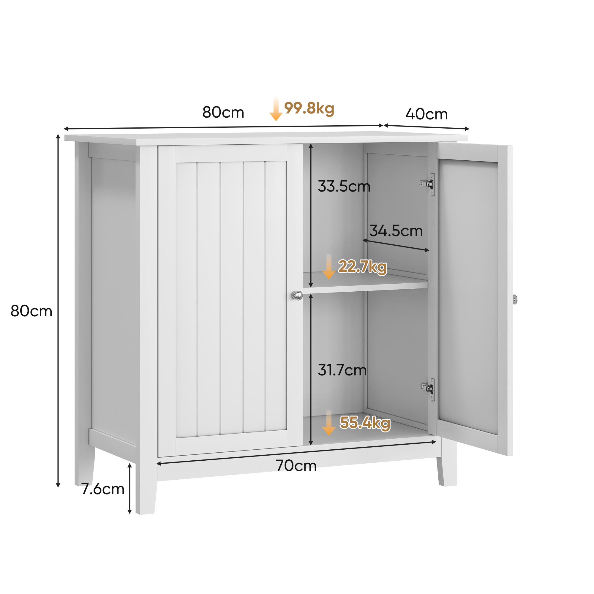 Bathroom Floor Cabinet, Modern Storage with Adjustable Shelves, Double Doors, White
