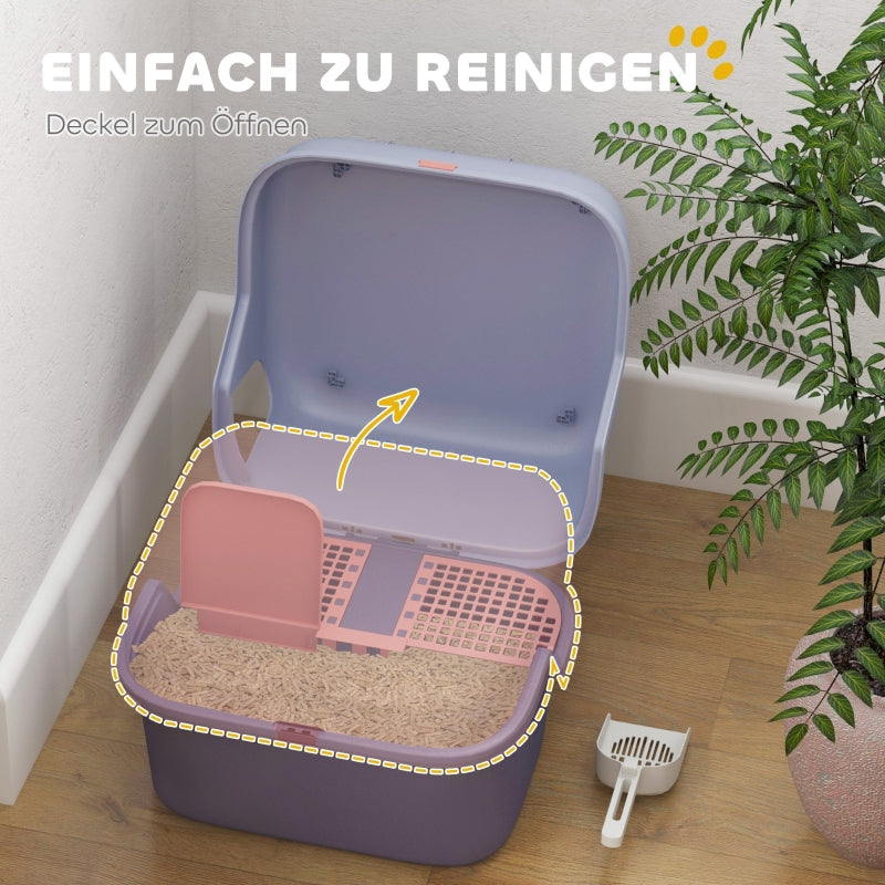 Cat Litter Box with Lid, Scoop, Easy Clean, Lockable, Purple