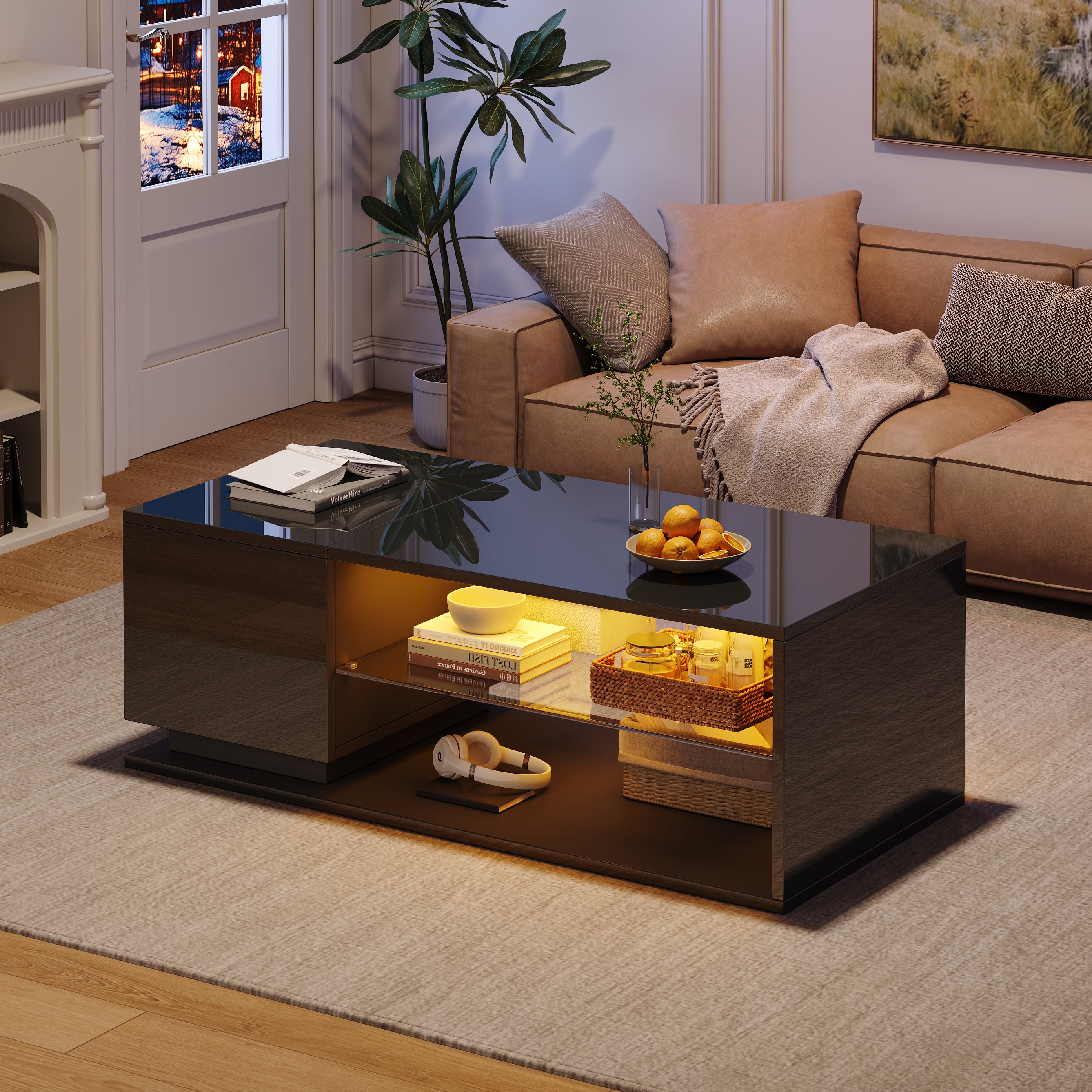 LED Coffee Table with High-Gloss Storage and APP LED Lights, Black High-Gloss