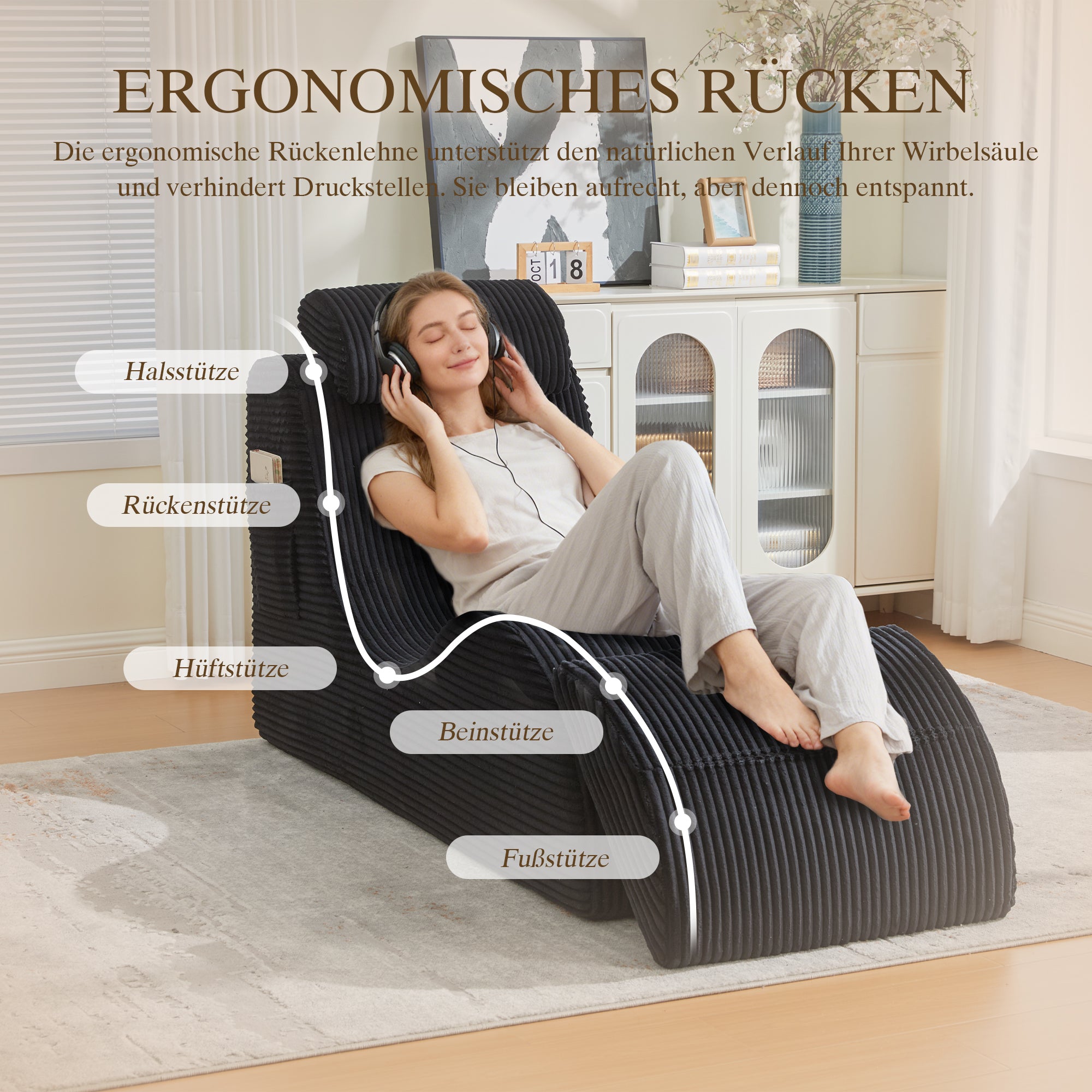 Modern Leisure Chair with Ergonomic Compression Foam and Side Pocket, Black