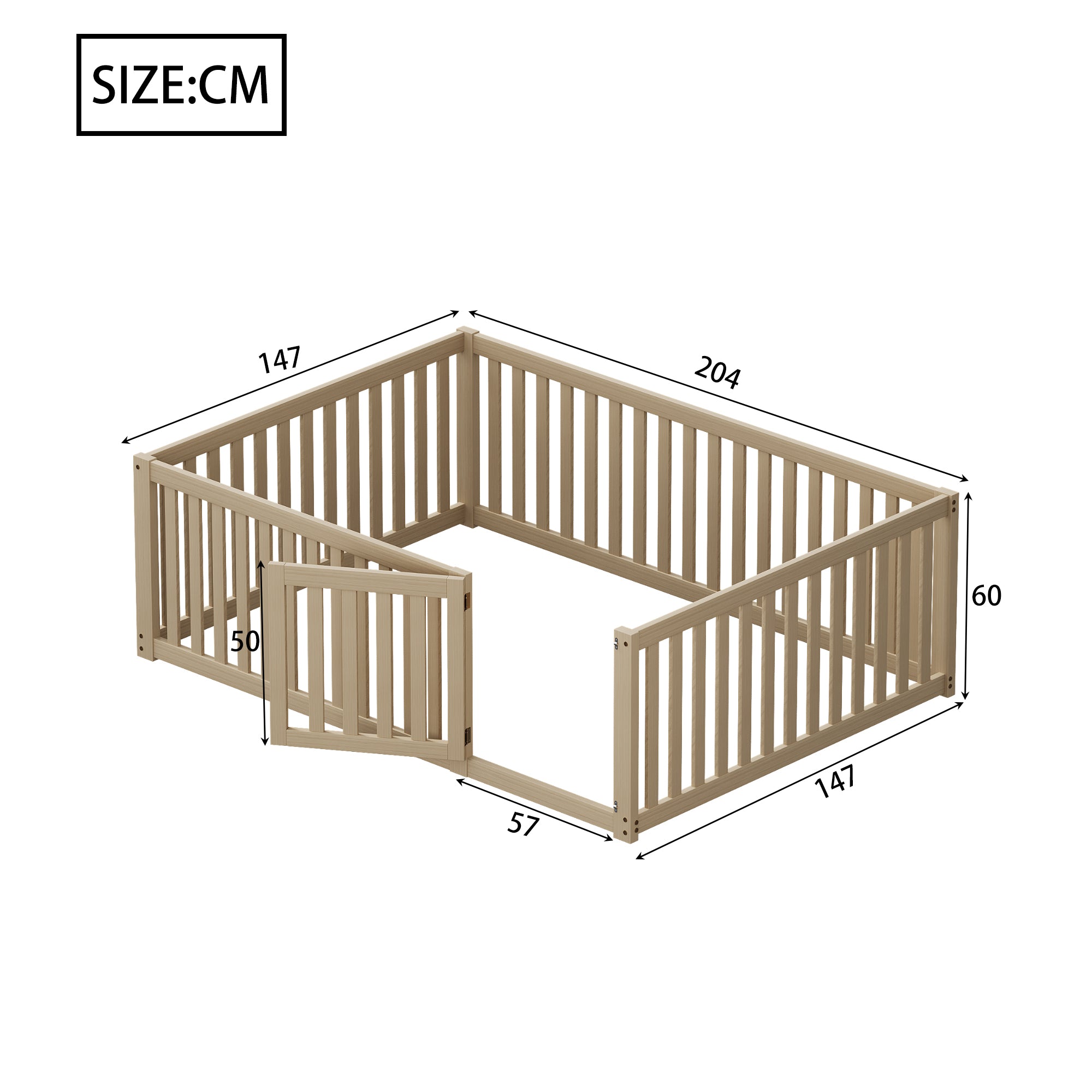 Children's bed 140x200 wooden floor bed frame with fence and door, wood color
