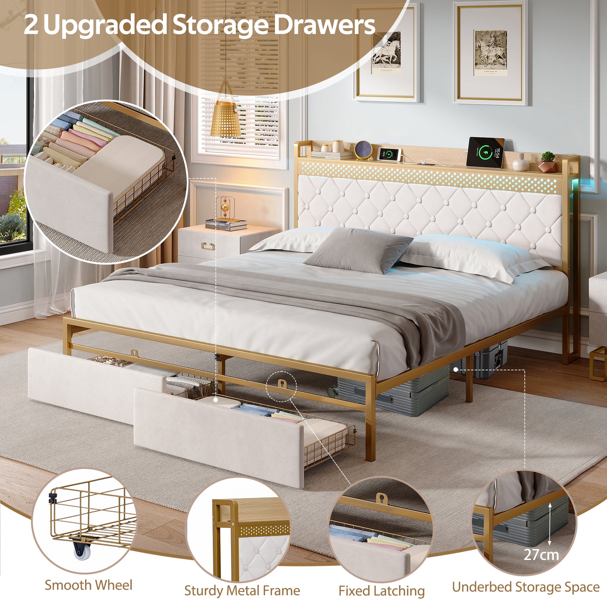 4ft6 Double Bed Frame, Storage Drawers, RGB LED Headboard, Velvet Beige