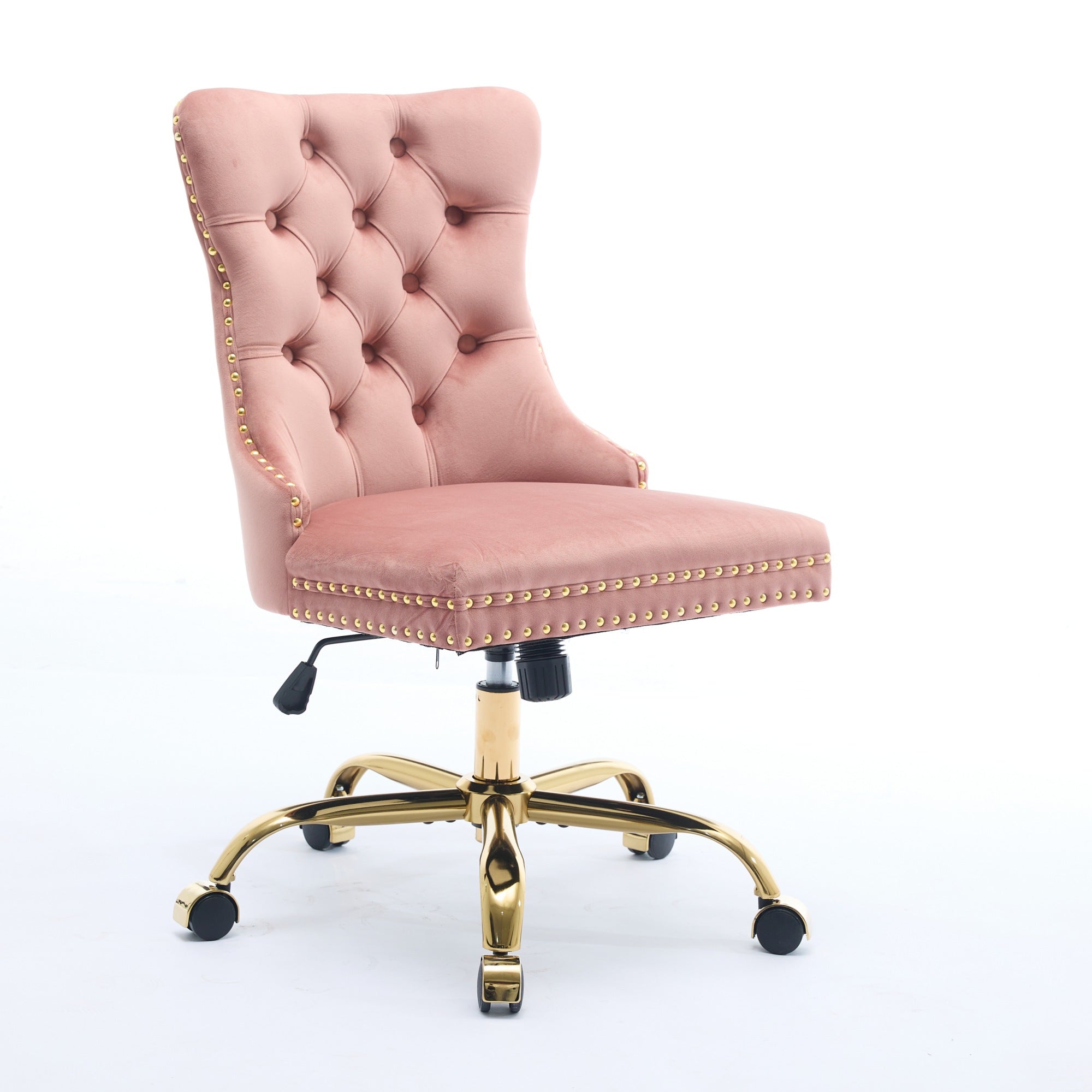 Home Office Chair Modern Velvet Upholstered Tufted Button Adjustable Swivel Golden Base - Pink