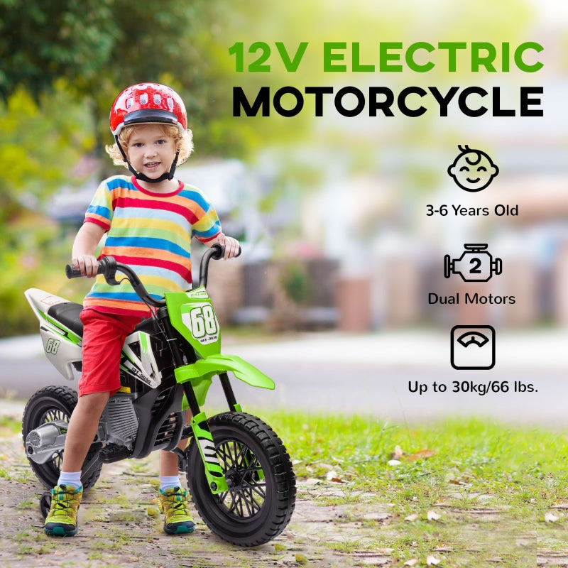 Kids Electric Motorbike, 12V Ride-On with Twist Grip Throttle and Training Wheels, Green
