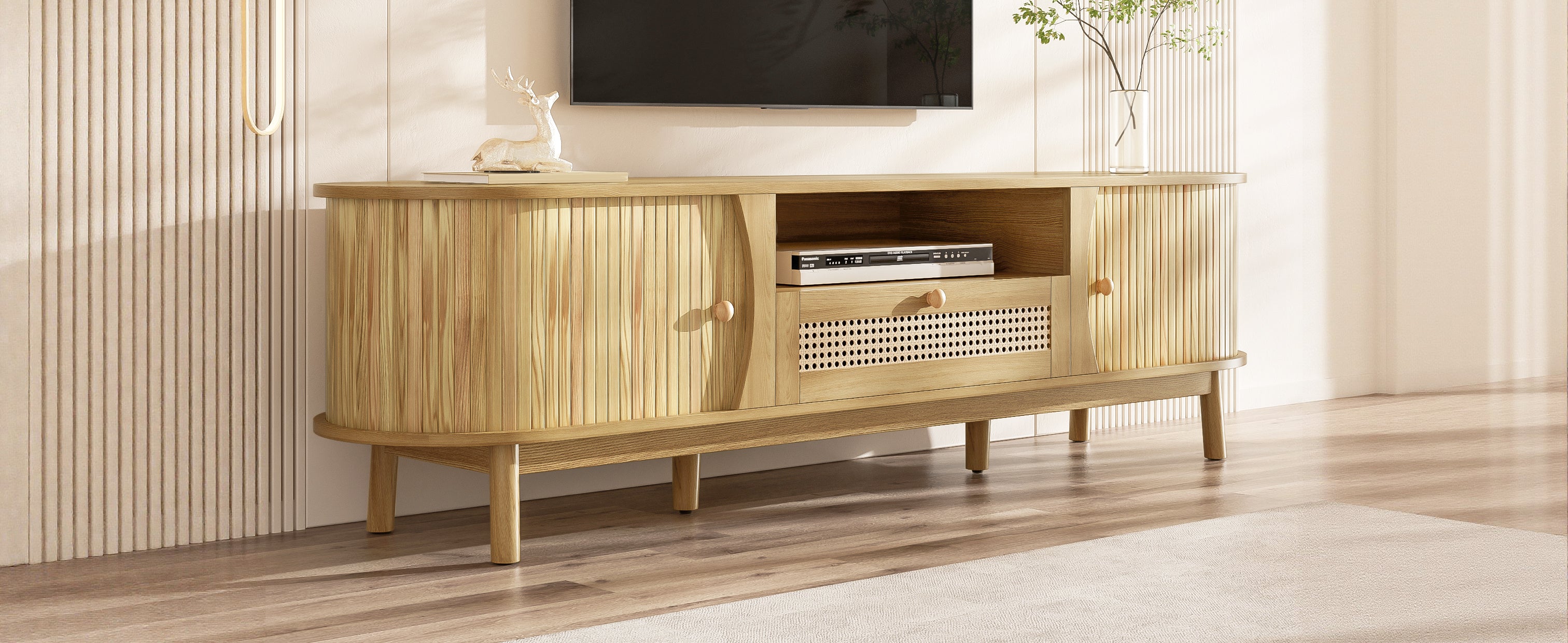 TV Cabinet Rattan Doors Drawers Low Profile - Country Style