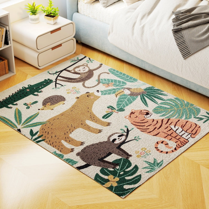 Fleece Rug, Jungle Pattern, Easy-Care, Cream White + Multi-Coloured