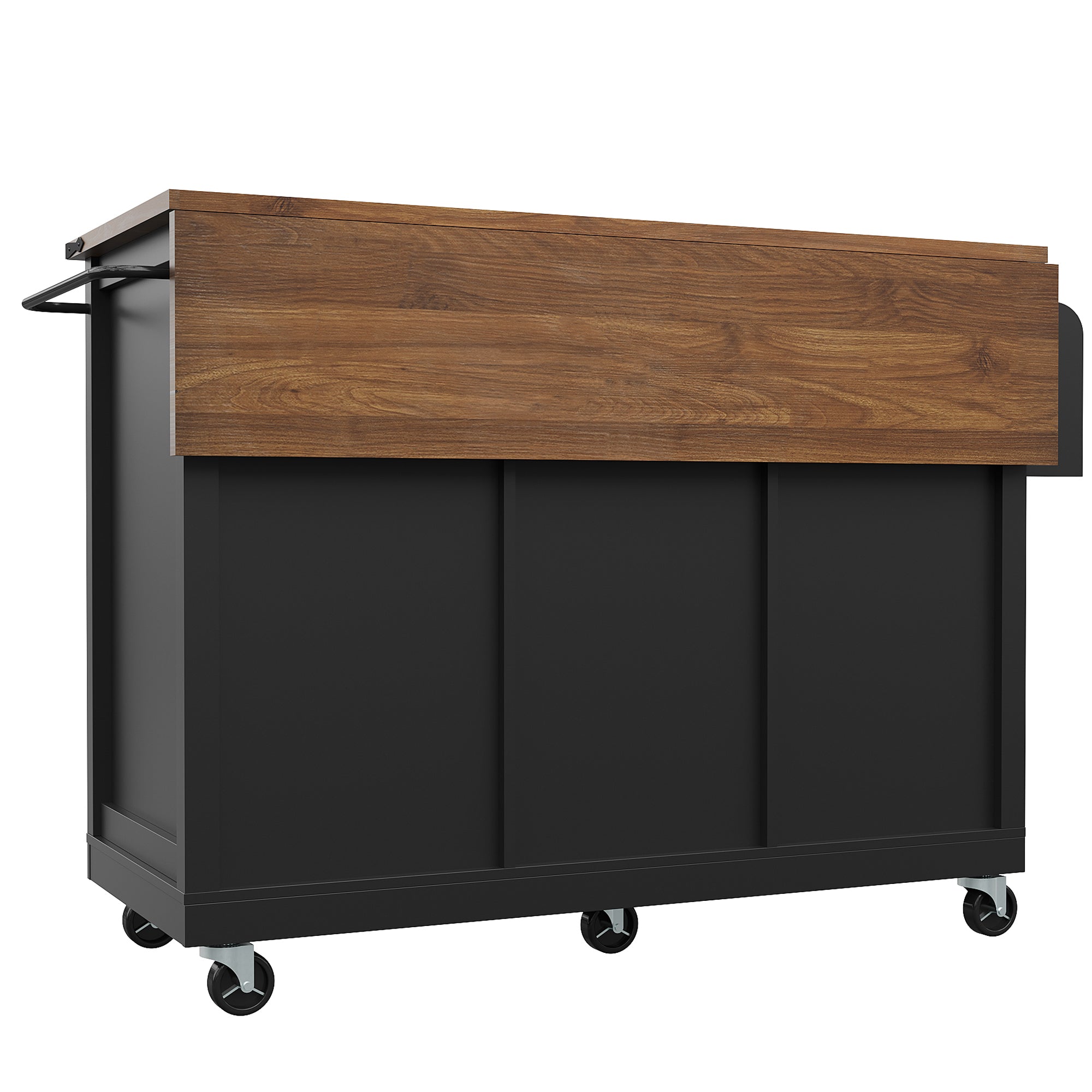 Mobile Kitchen Island Extendable Countertop 2 Sliding Doors 3 Drawers Wood Grain - Black