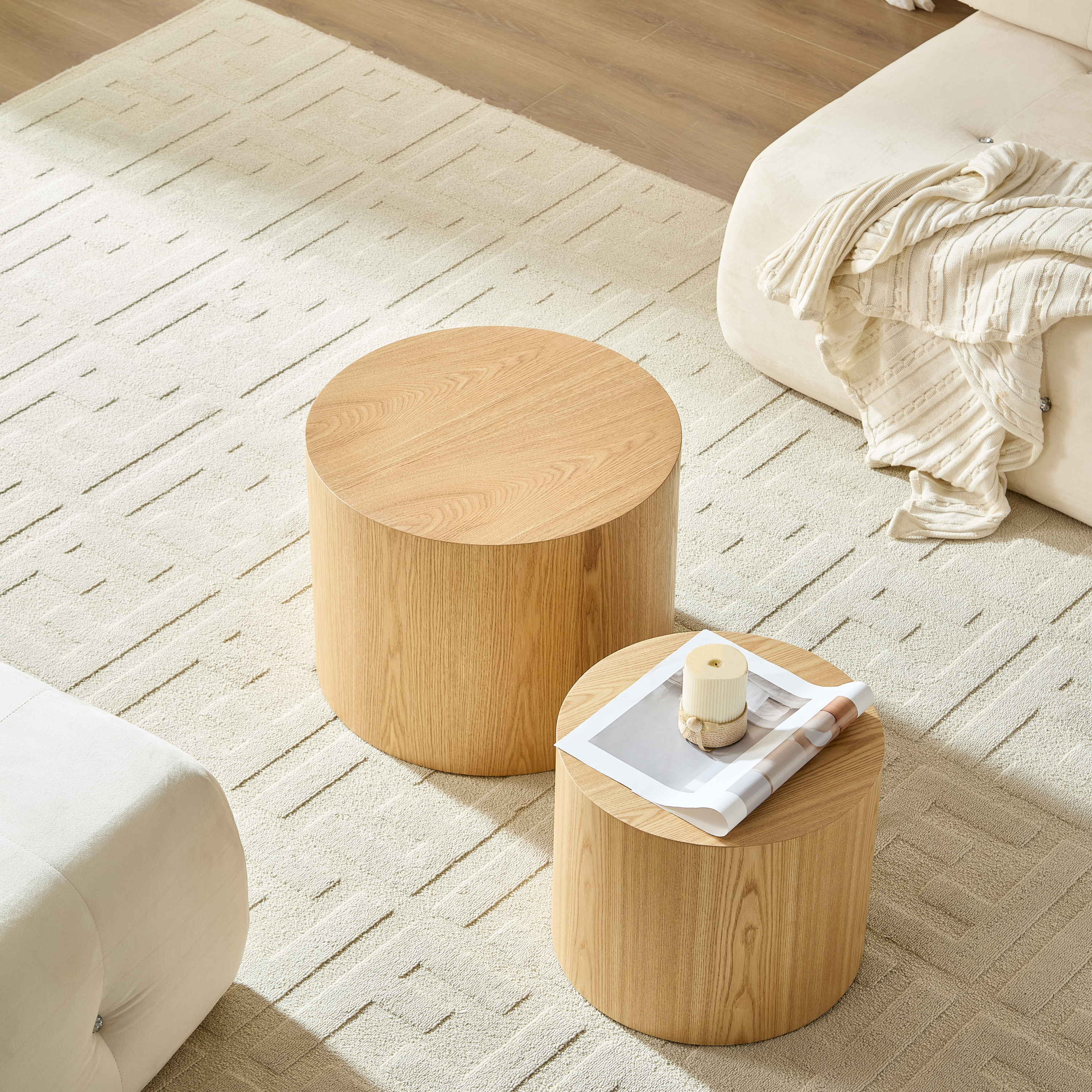 Modular Nesting Coffee Table Set of 2 Solid Wood Cylinder Design - Natural, Black & Walnut