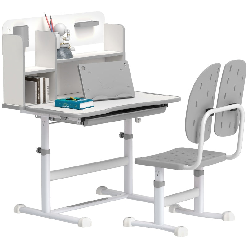 Kids Desk and Chair Set, Height Adjustable Study Desk with Tiltable Desktop and Reading Rack, Grey