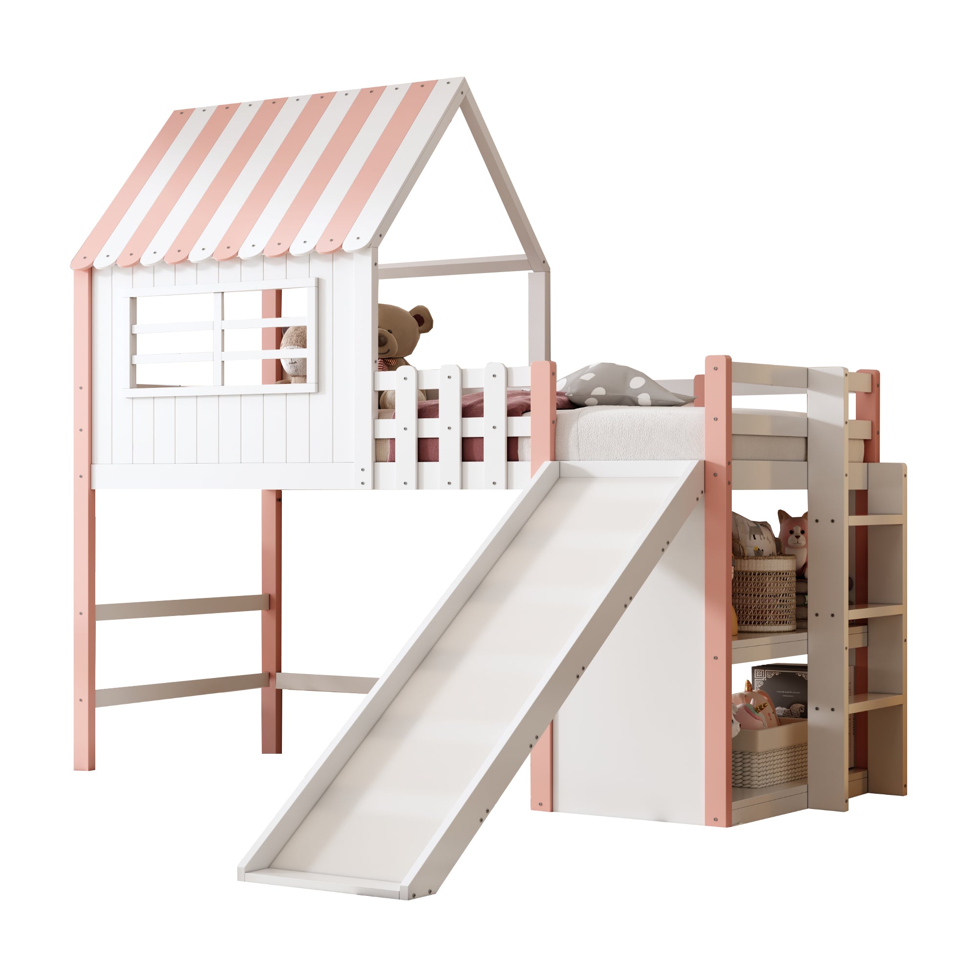 Children's Bed, Attic Design with Safety Ladder & Slide, Multi-Level Storage, Solid Wood, Pink