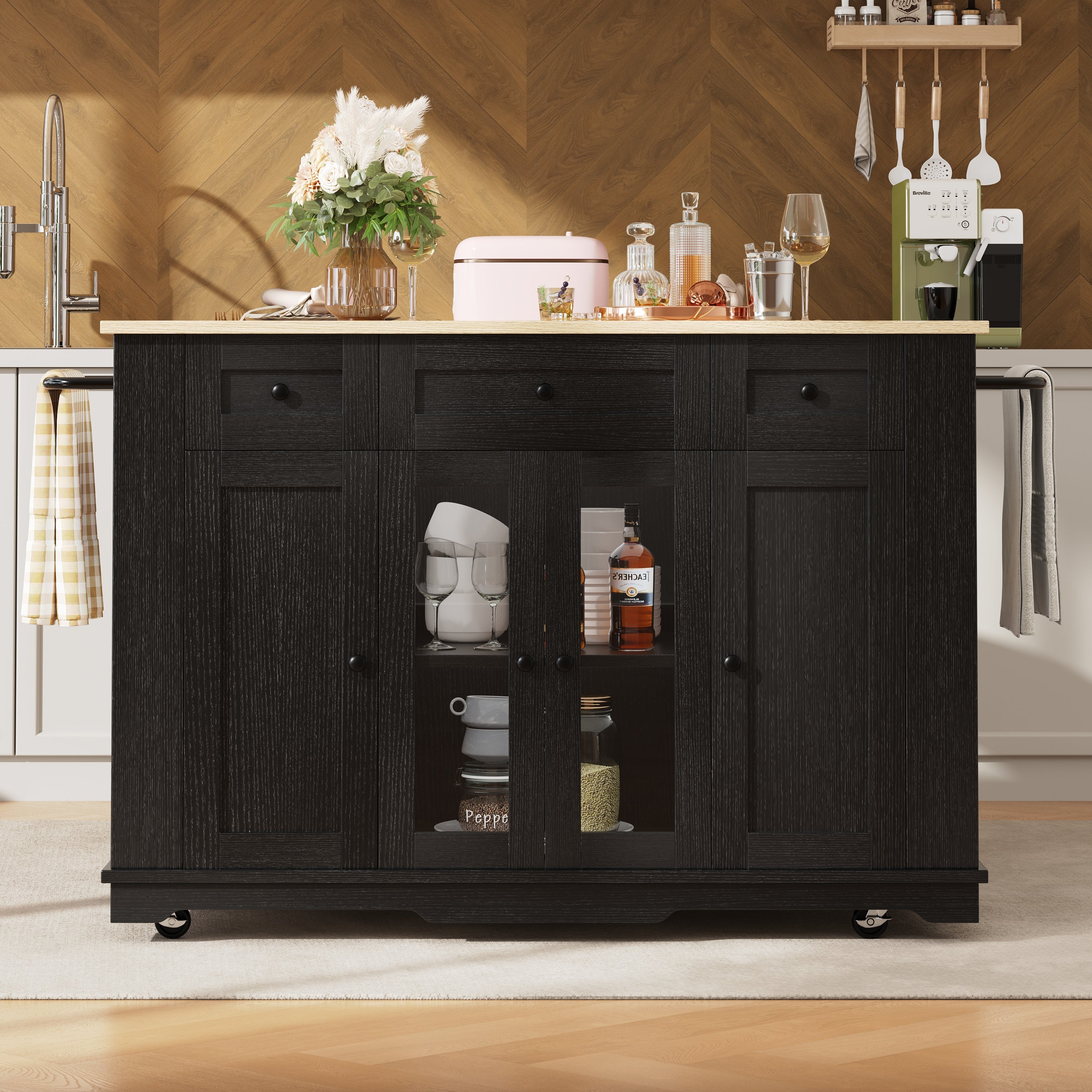 Kitchen Island, Removable Dividers, Dining Cart with Tempered Glass, Black