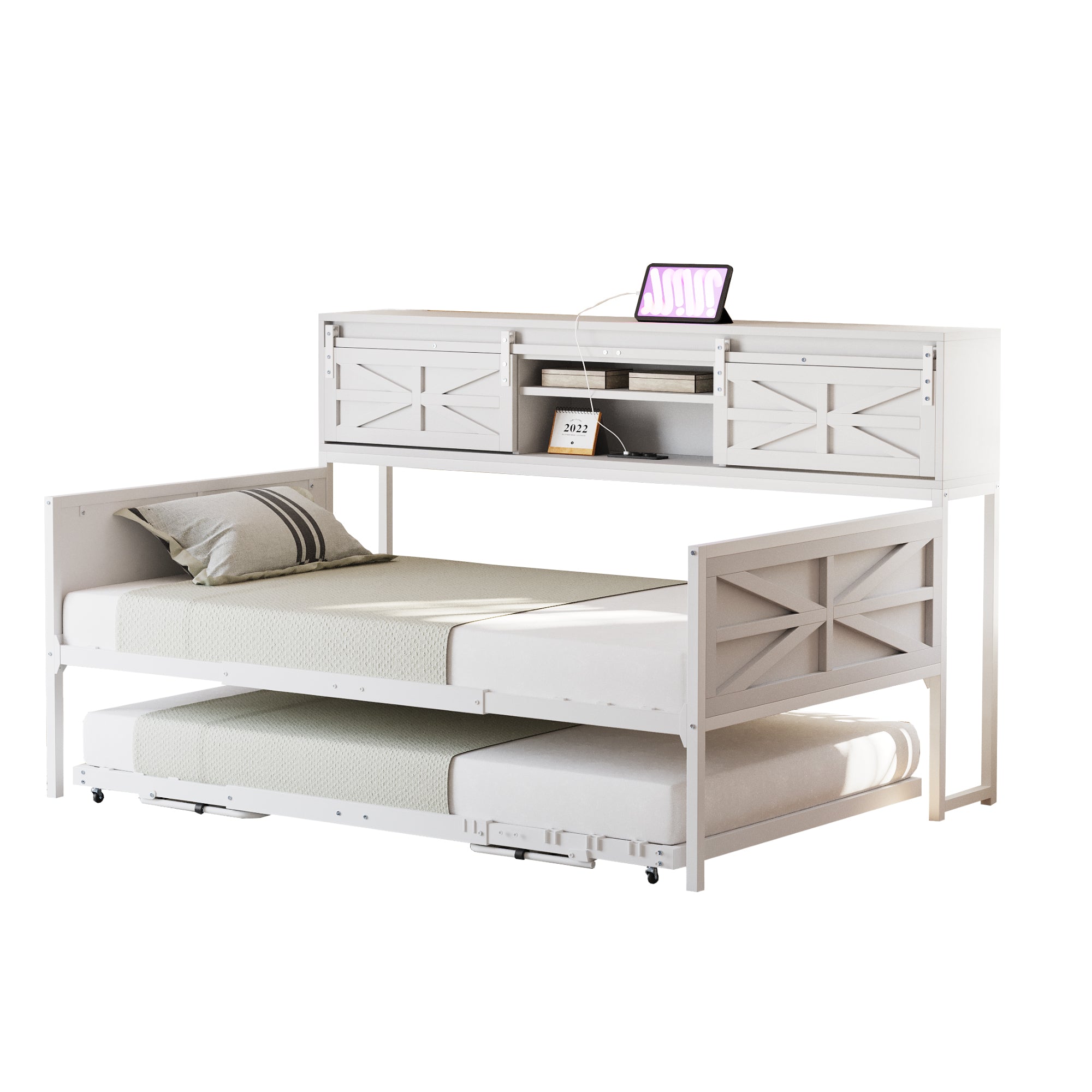 Iron Sofa Bed, 90x200cm Pull-Out with Storage & Sockets, White