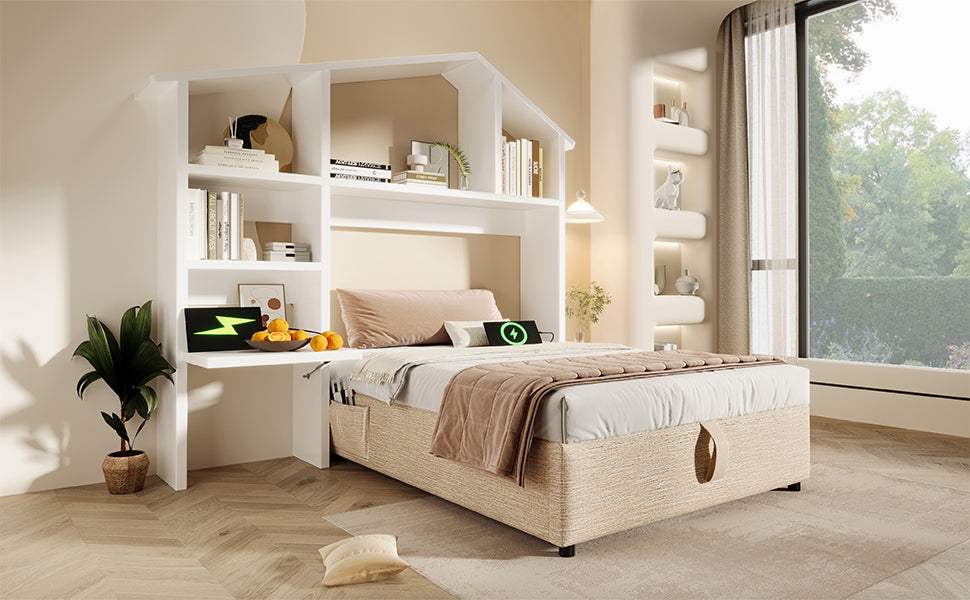 Children's Upholstered Bed, 90x190 cm with Bookcase, Hydraulic Storage & USB-C, Single, Linen