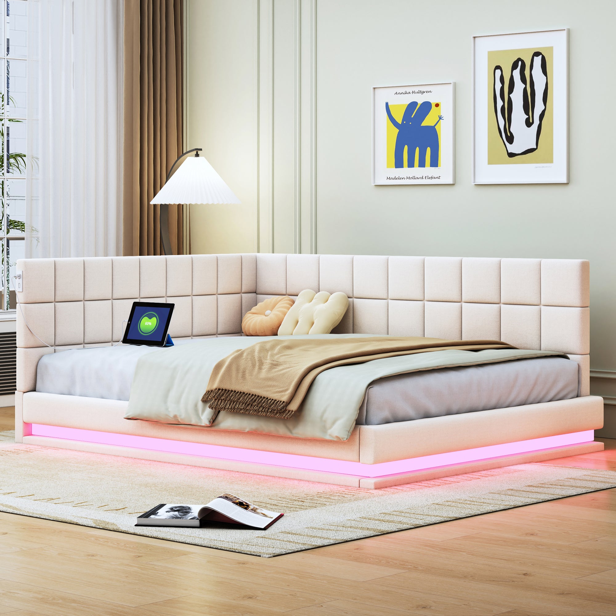 Upholstered Bed Sofa, 140x200 Multifunctional with LED & USB, Velvet Beige