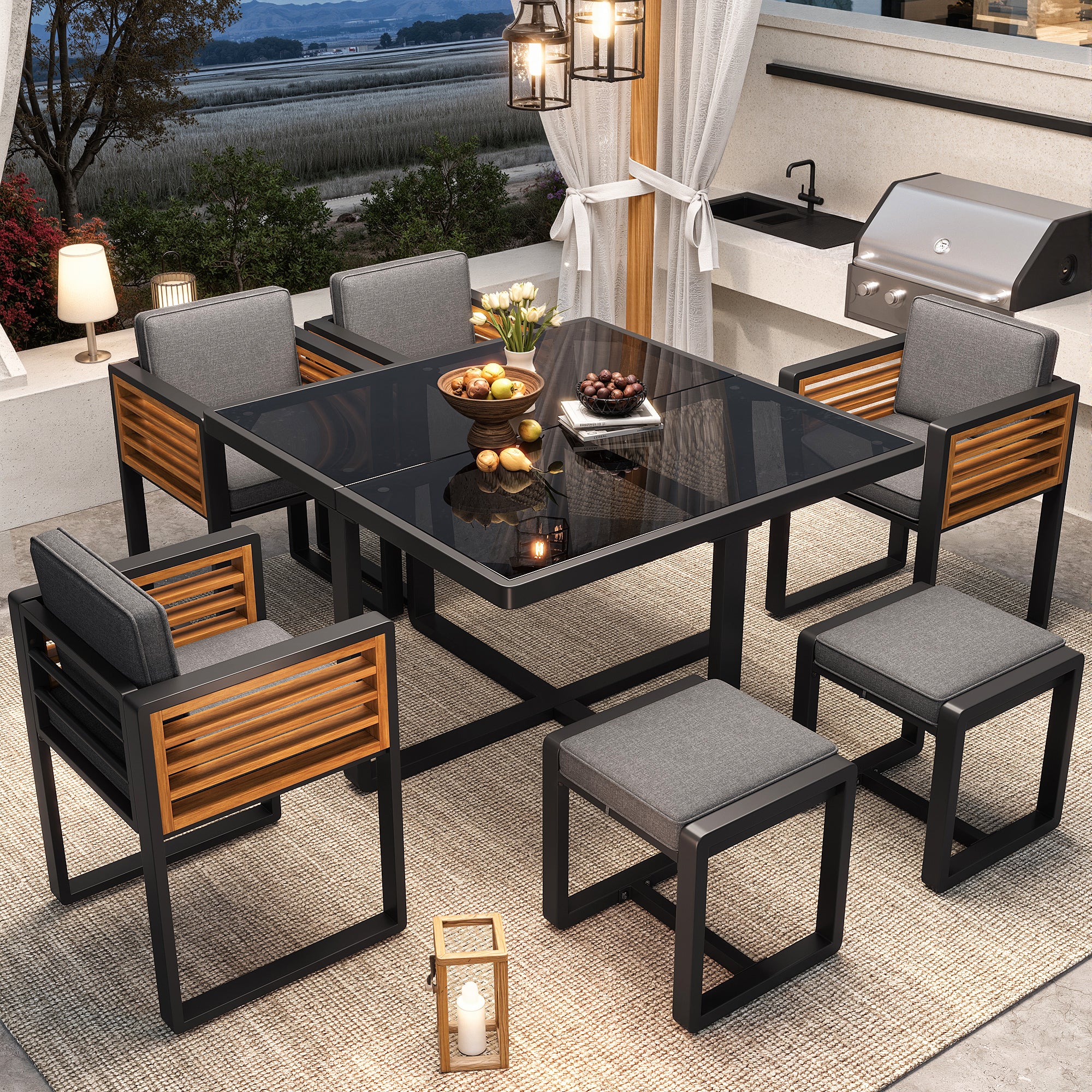 Garden Furniture Set with 6 Chairs and Table, Glass Tabletop