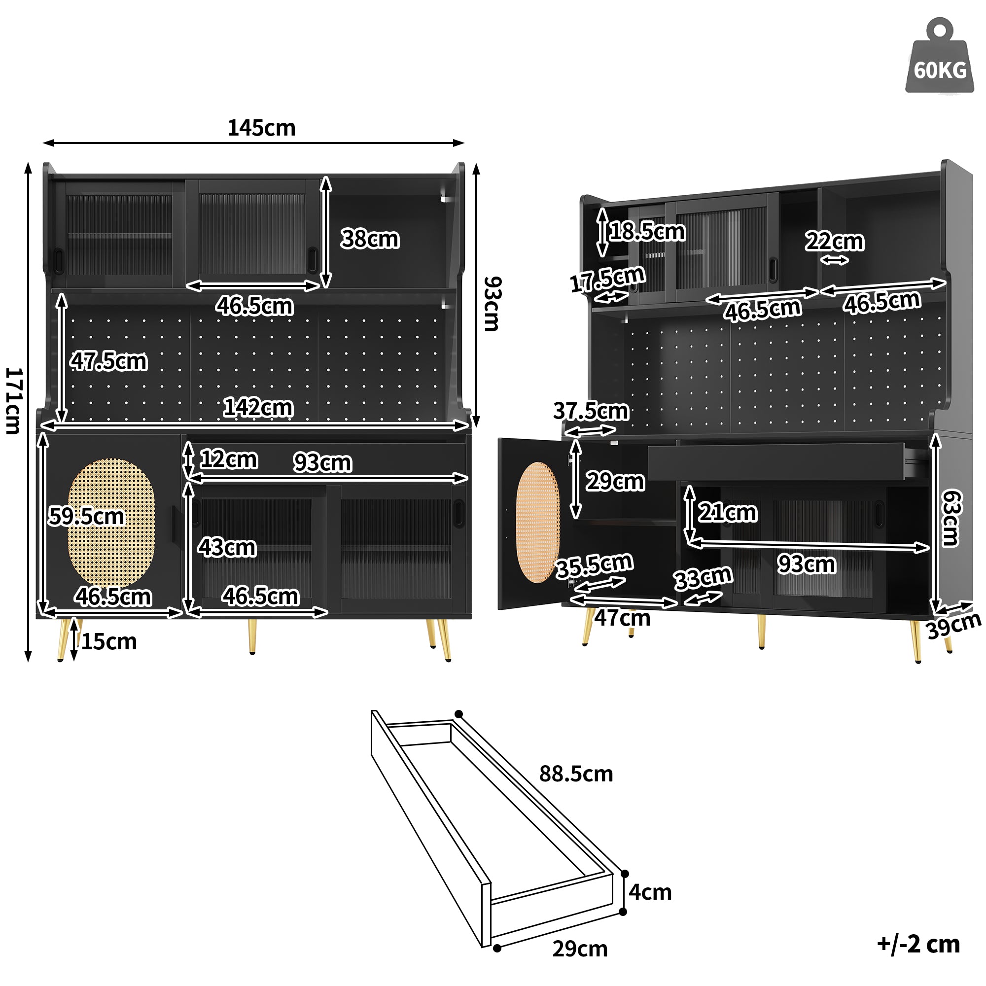 Buffet Cabinet with LED Light Strip and Fluted Glass Doors, Brown and Black