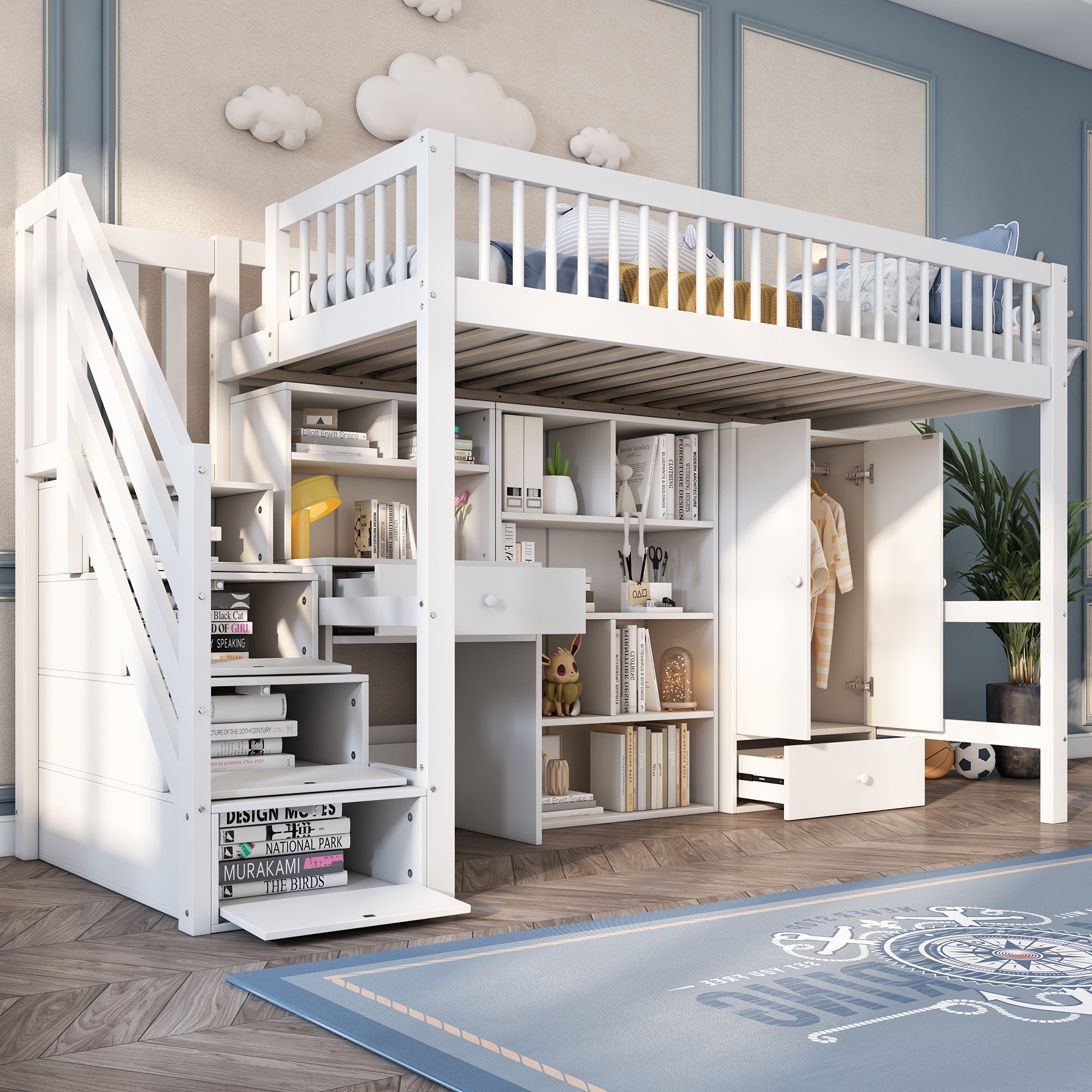 Children's Bed, Multifunctional with Desk, Stairs, Storage, Solid Wood/MDF, White