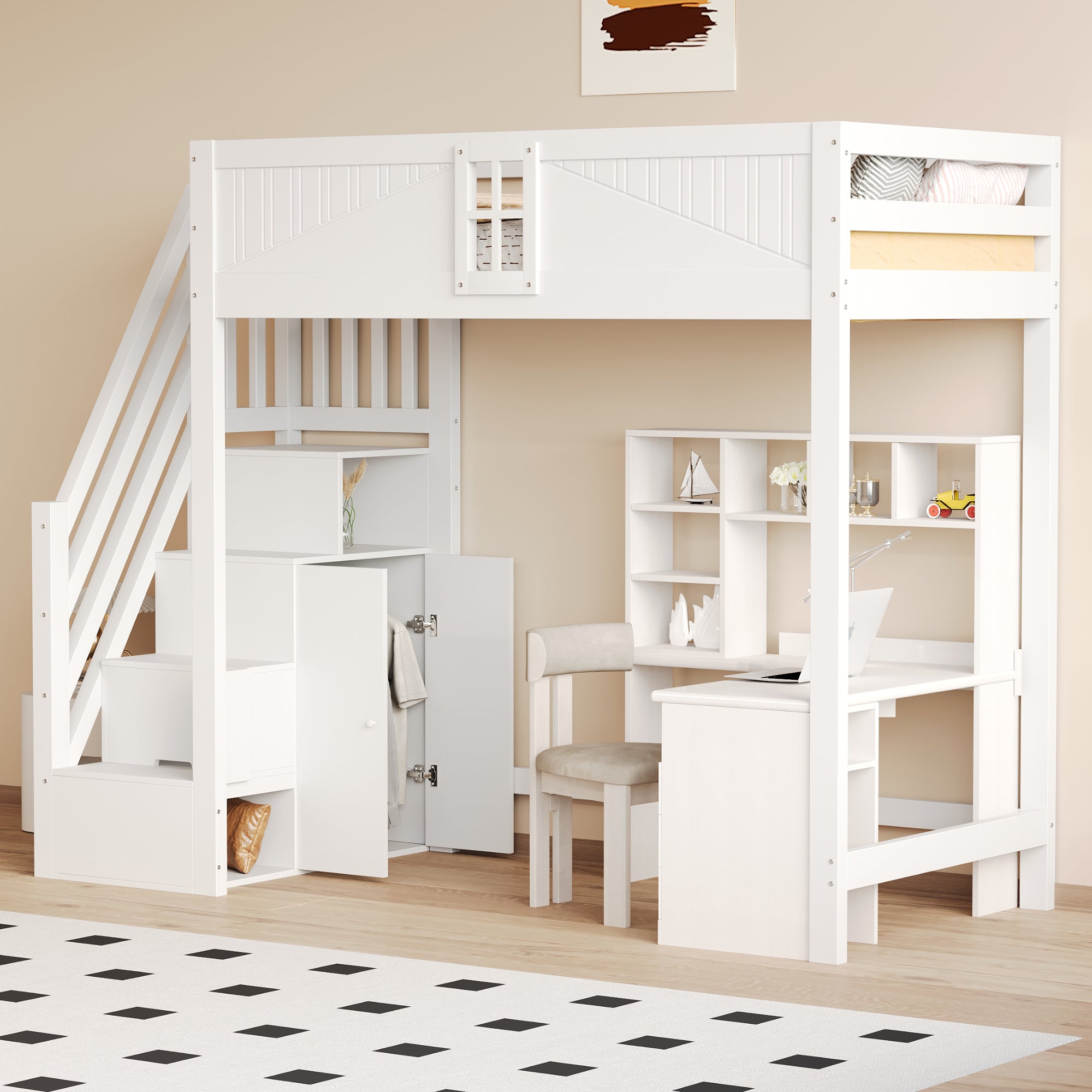 Loft Bed, Multifunctional with Safety Door & Storage, Solid Wood White