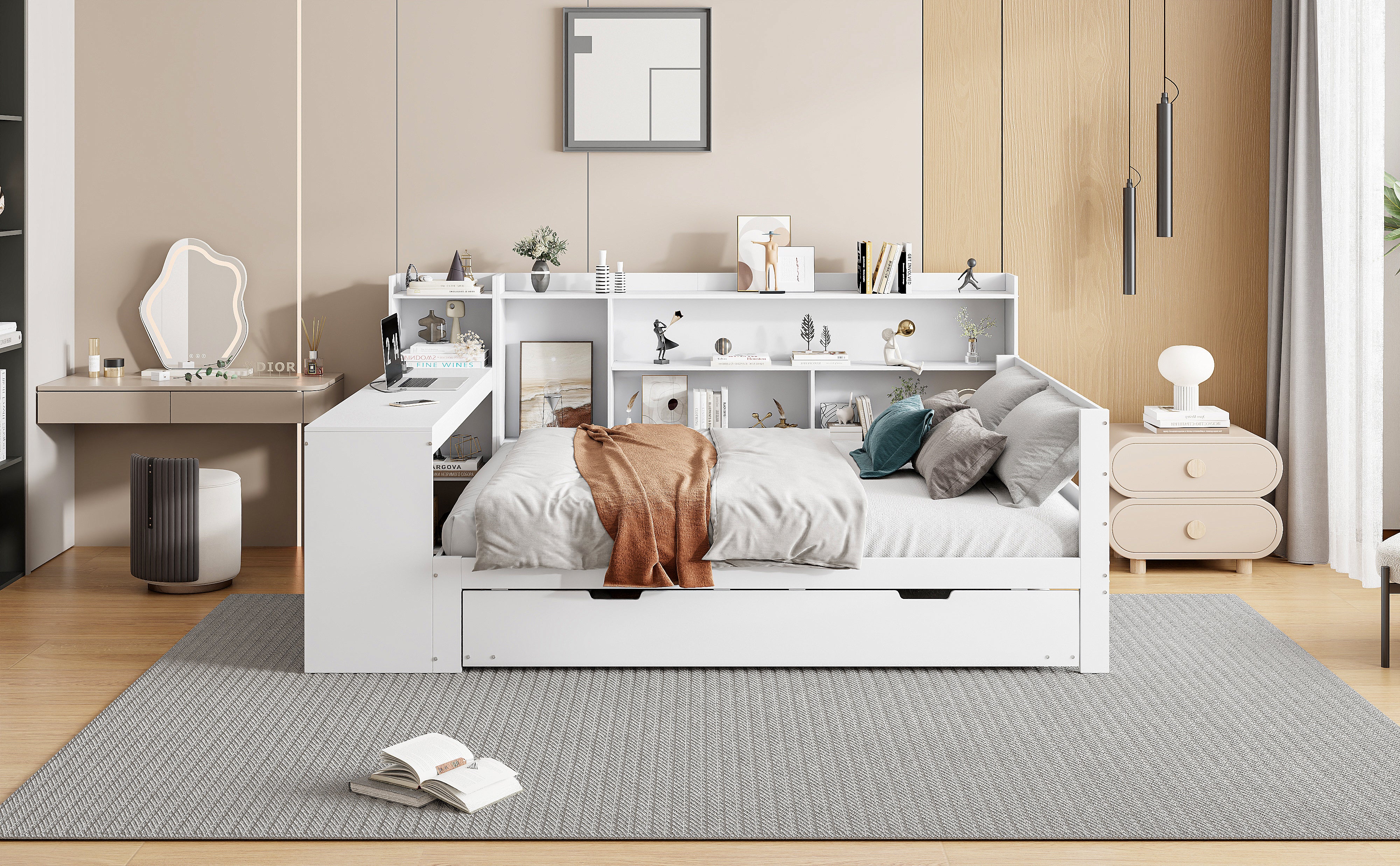 Sofa Bed, Multifunctional Double with Desk, Bookshelves, Storage, Power Outlets, Pull-Out Bed, Solid Wood