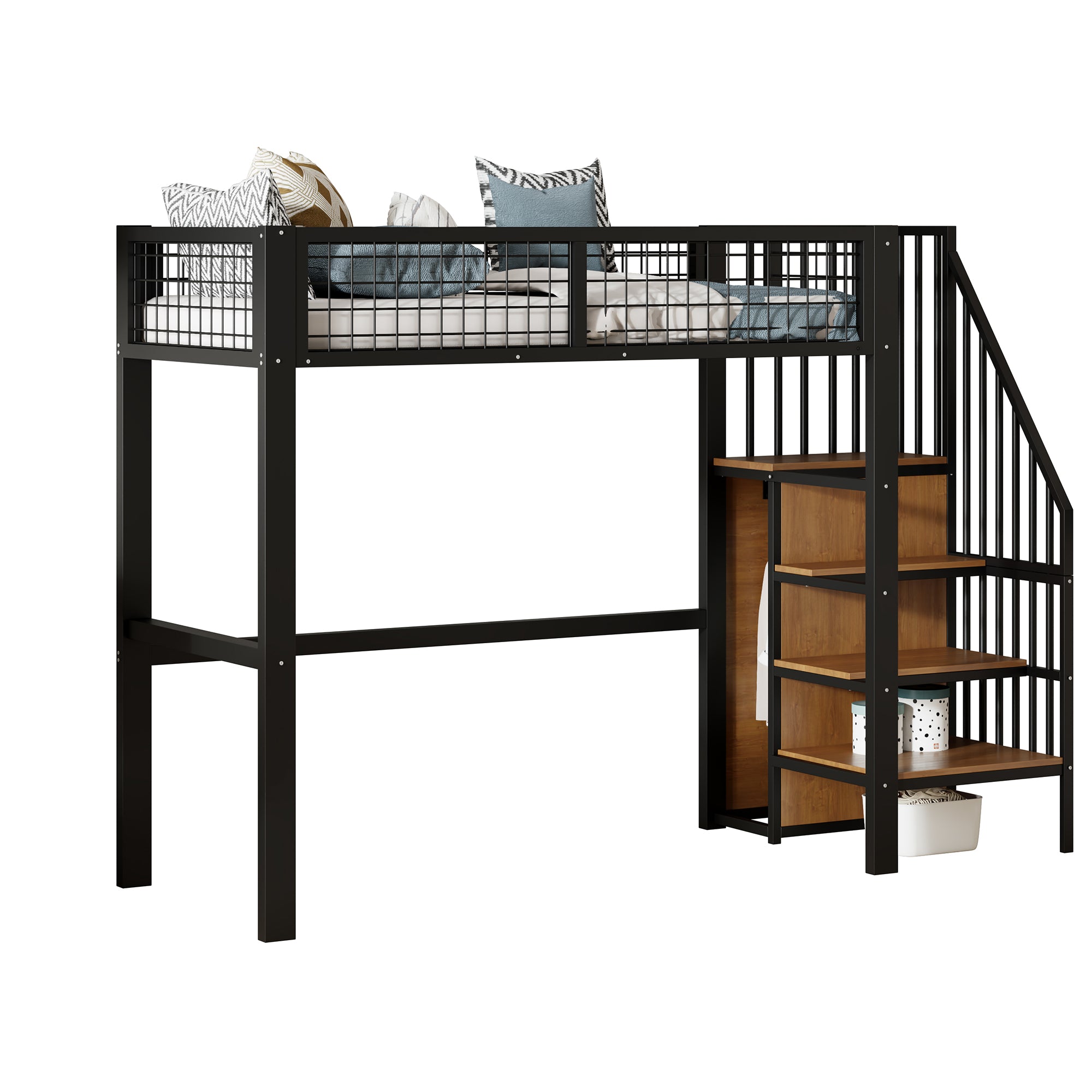 Loft Bed, 90x200 with Ladder & Storage, Iron Frame, Black