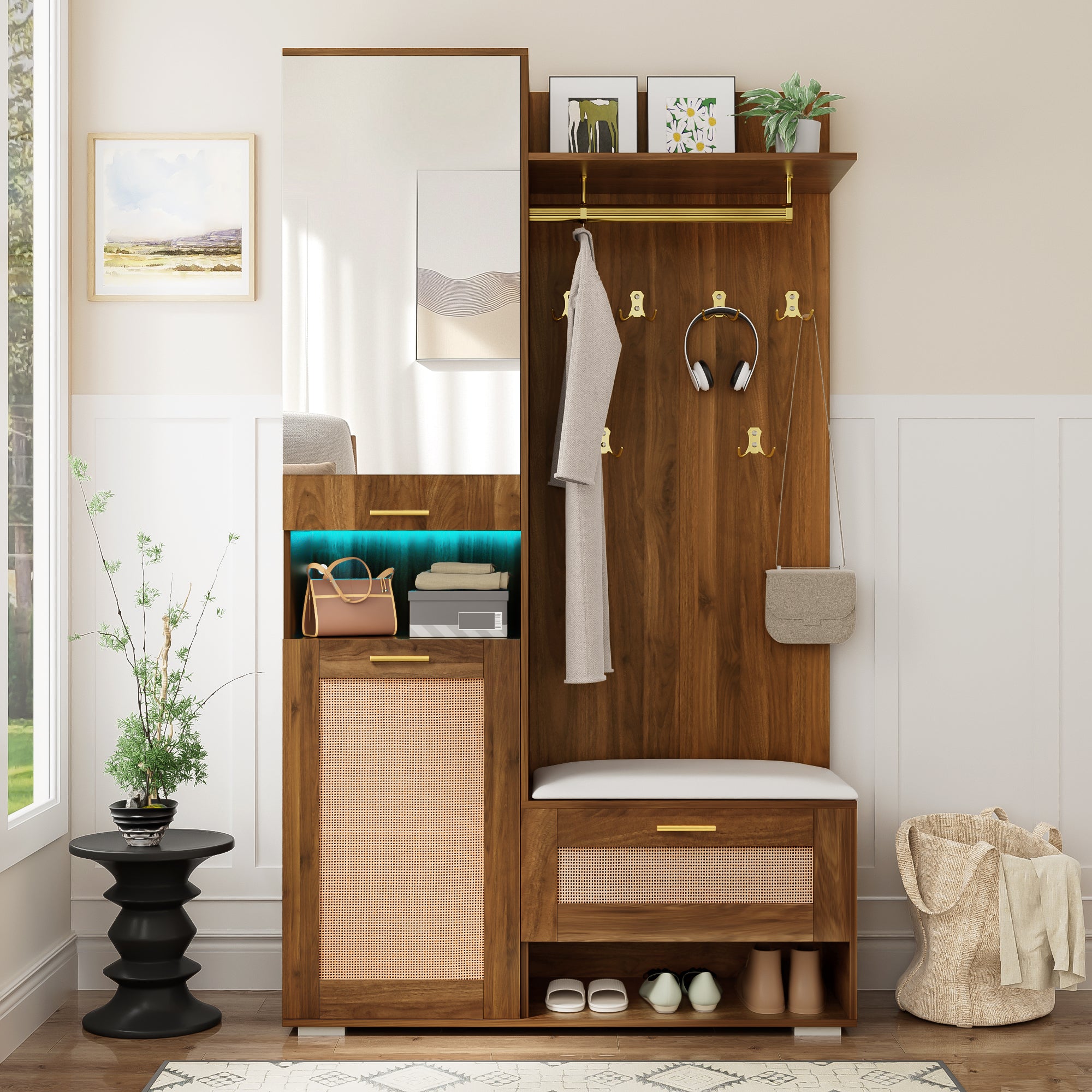 Wardrobe Set Mirror Shoe Cabinet Bench 6 Hooks - 16-Color LED Lighting