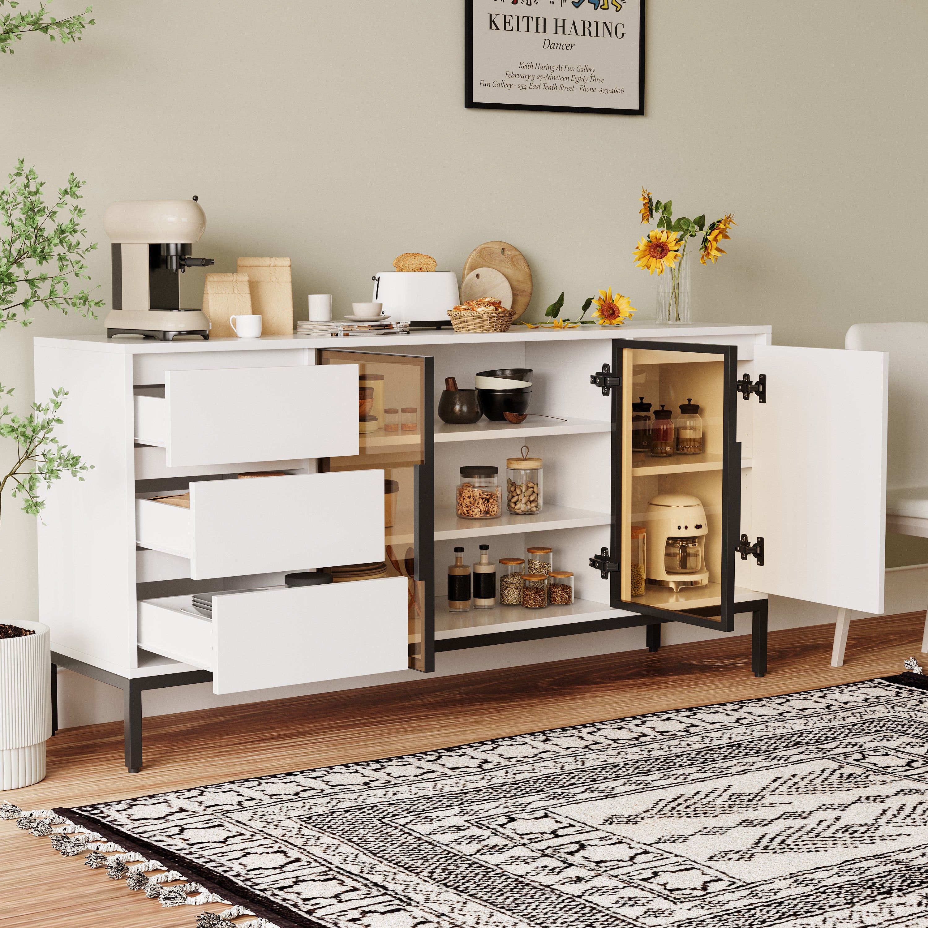 Buffet Cabinet with Doors, 3 Drawers & Display Storage - White
