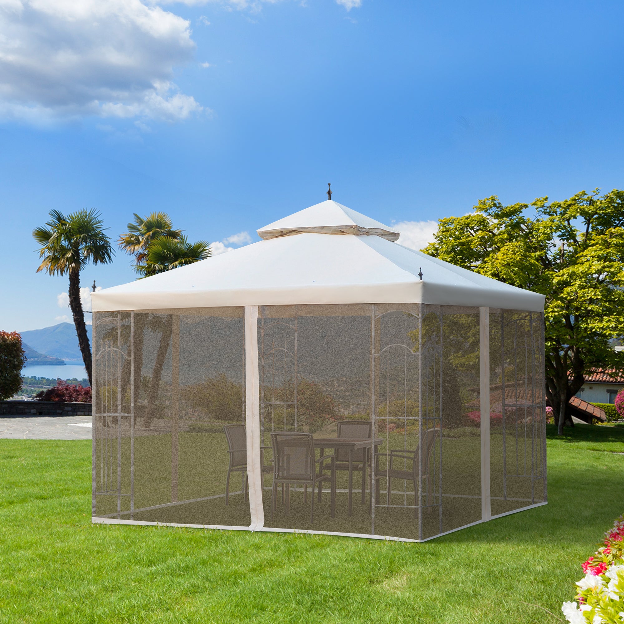 Garden Gazebo 3x3m Double Top Outdoor Canopy with Netting - Cream White
