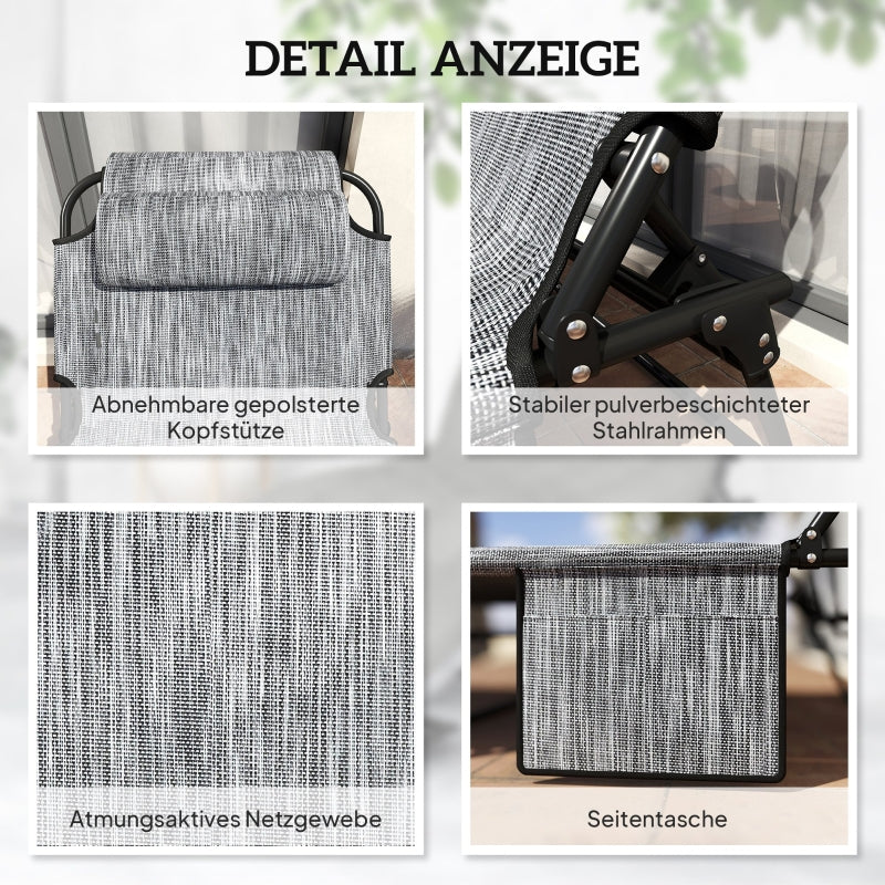 Sun Lounger 4-Position Adjustable Backrest Cushion Side Pocket - Grey