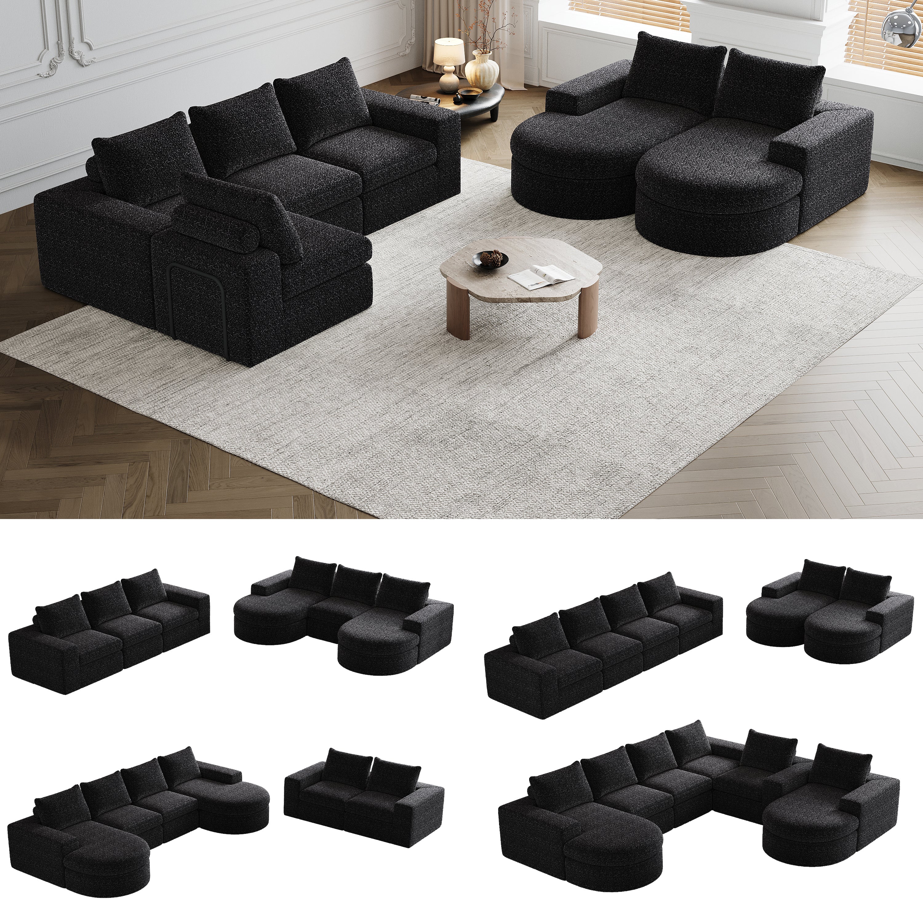 Chenille Sofa, Curved Modular L-Lounger, Foam Compression