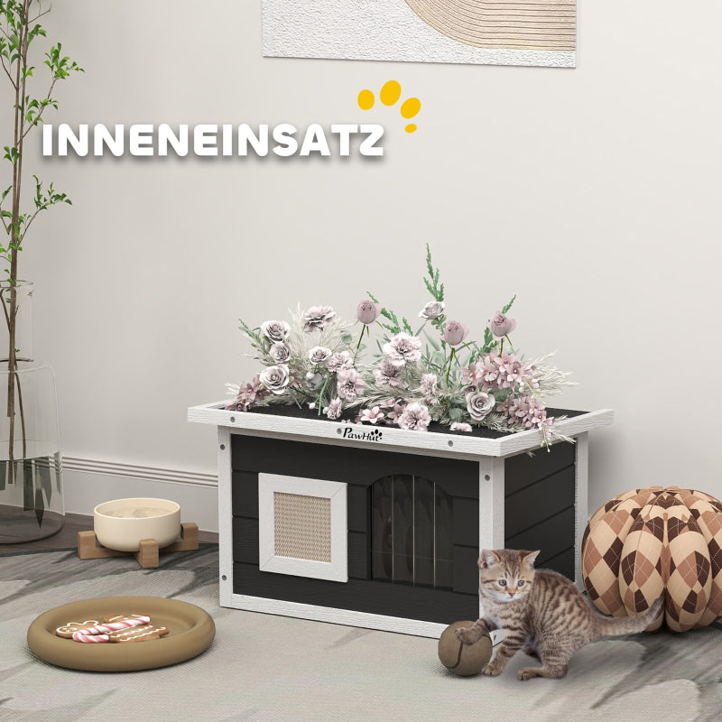 Wooden Cat House, Scratching Mat, Weatherproof, Indoor/Outdoor, Grey