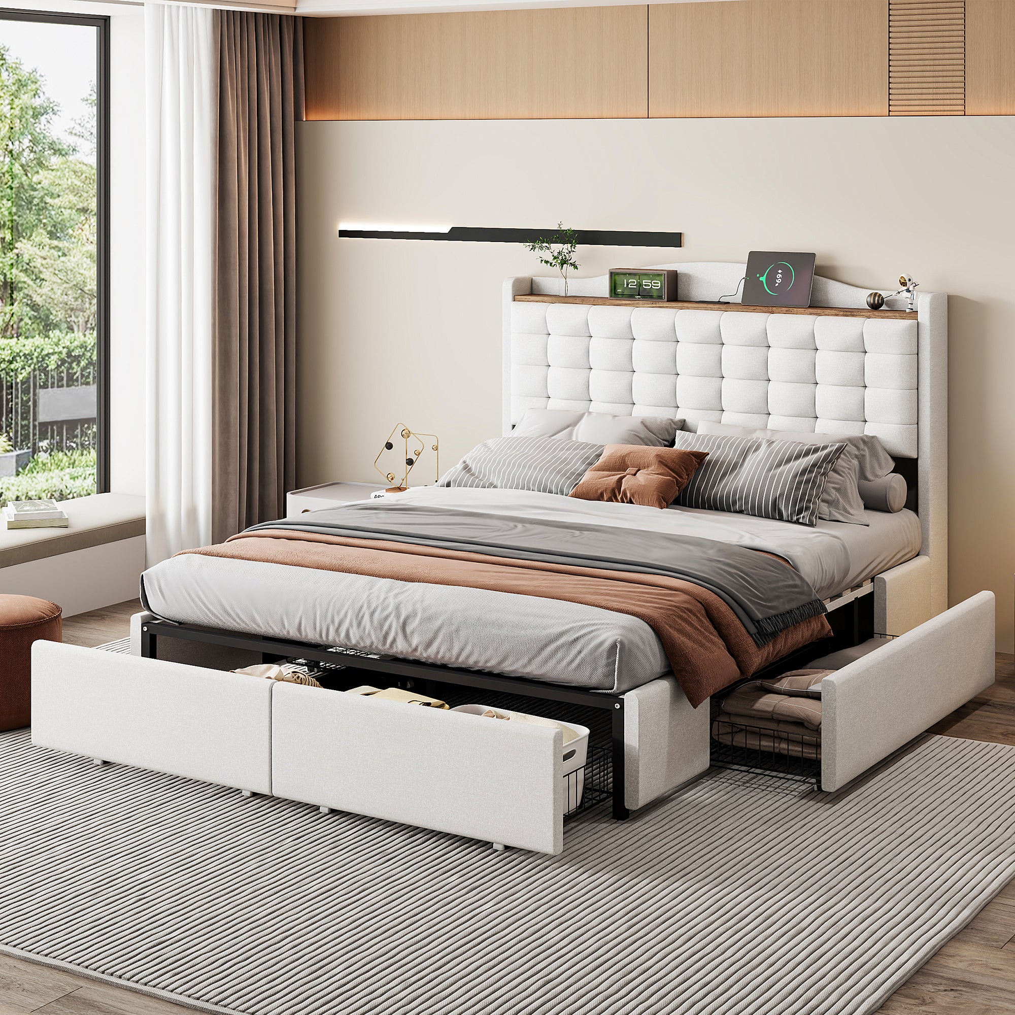Upholstered Bed 140x200cm, USB Charging & Storage, 4-Drawer, Linen Fabric Beige
