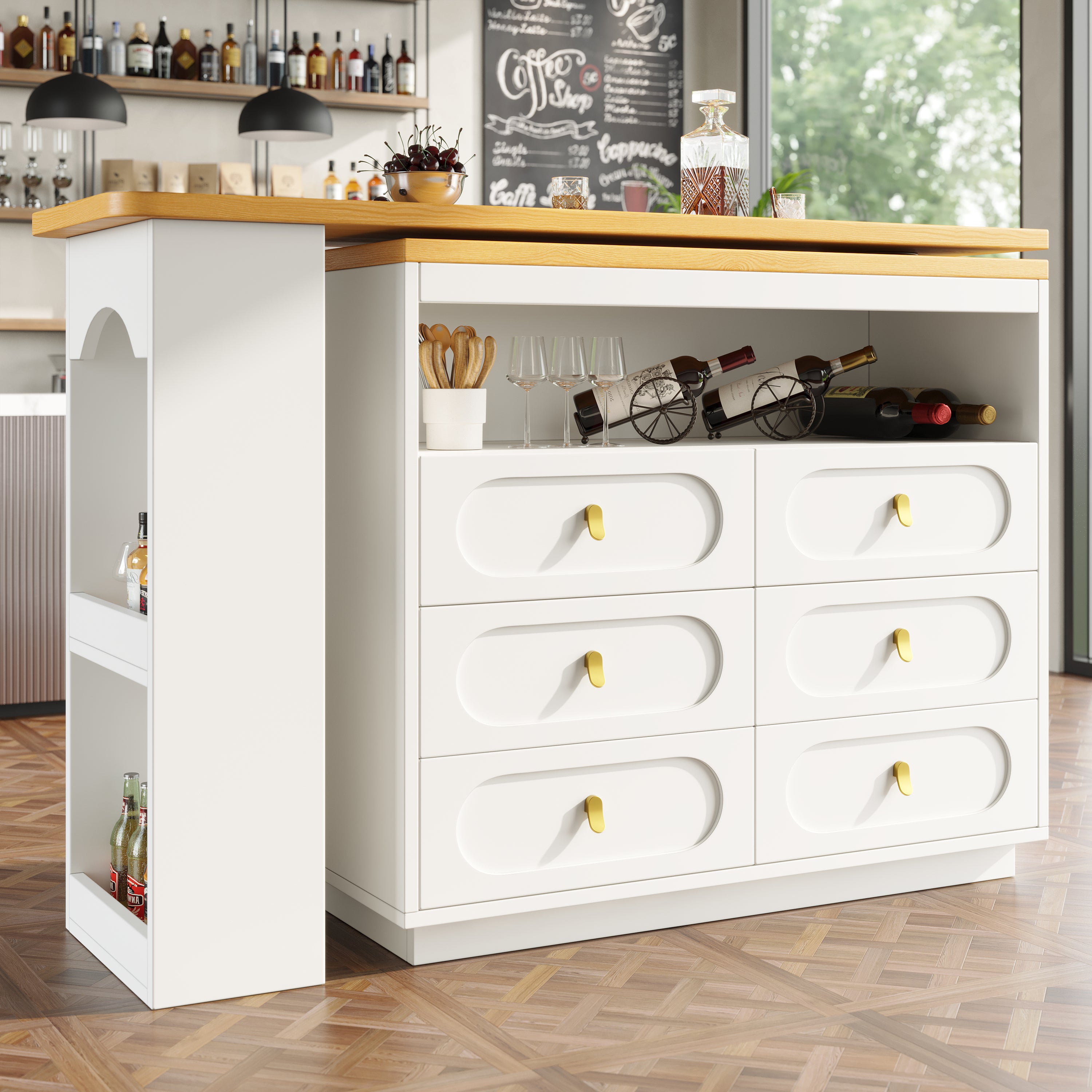 Extendable Rolling Bar Table 360° Swivel Storage Drawers - White