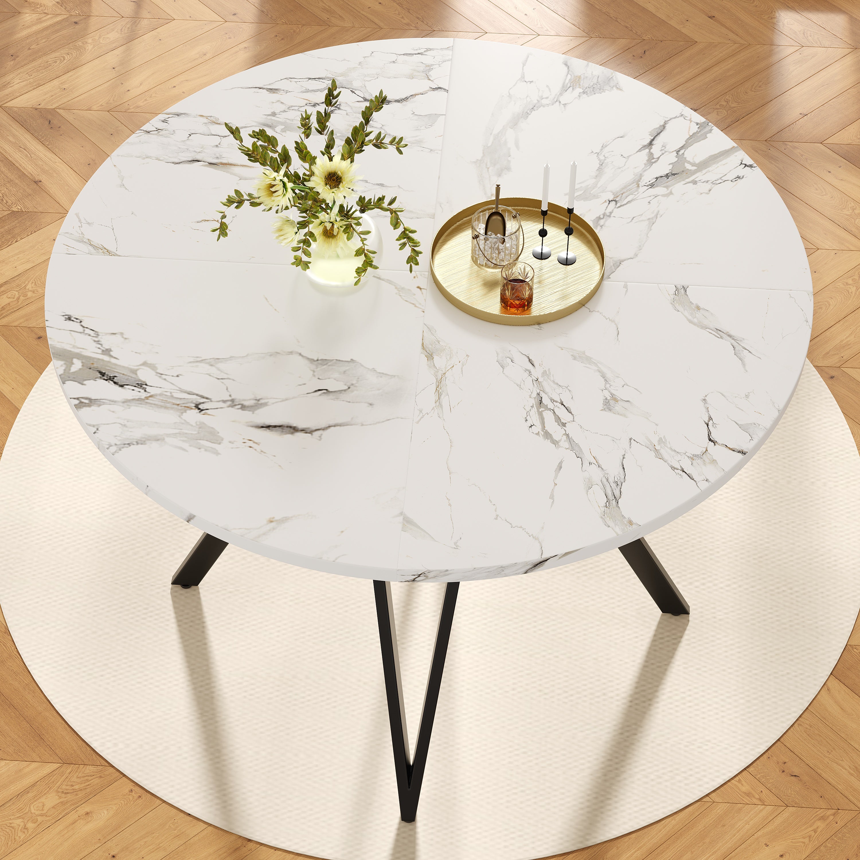 Round Dining Table 100x100cm 4-Seater Metal Legs MDF Marble Top - Black